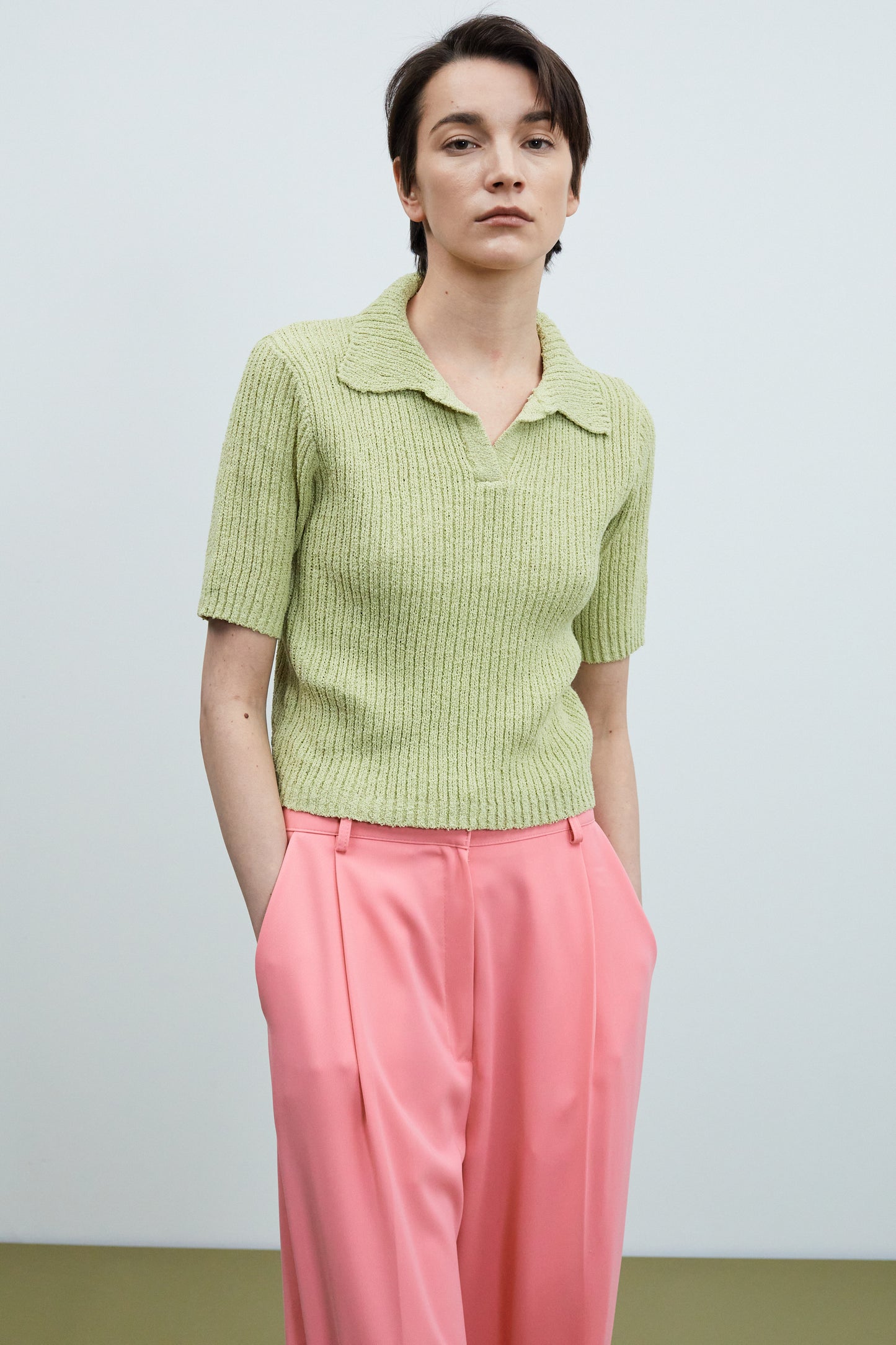 Crop Ribbed Polo Knit, Olive