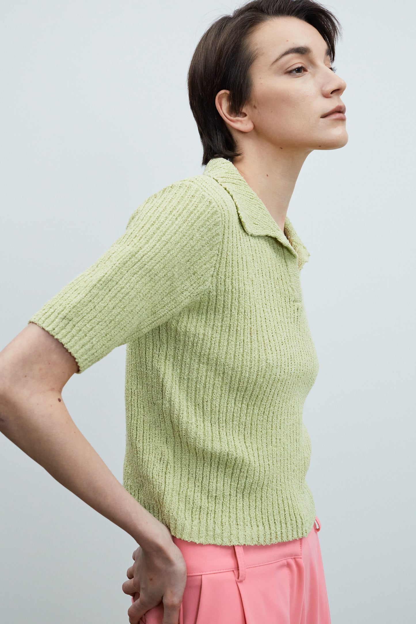 Crop Ribbed Polo Knit, Olive