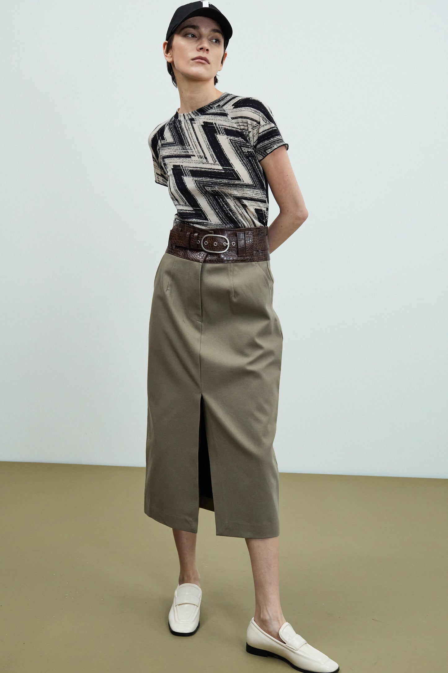 Abstract Print Stretch Jersey Top, Ivory & Black