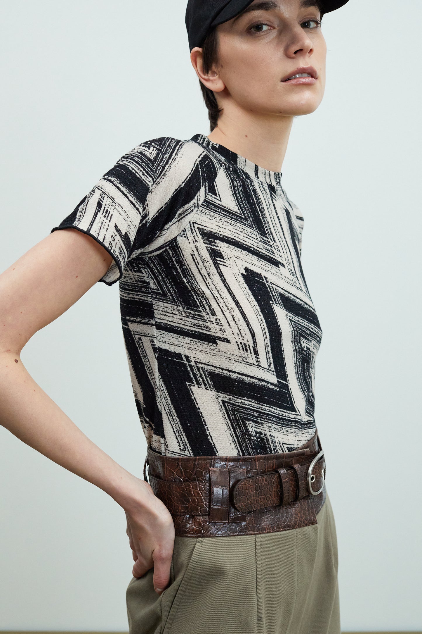 Abstract Print Stretch Jersey Top, Ivory & Black