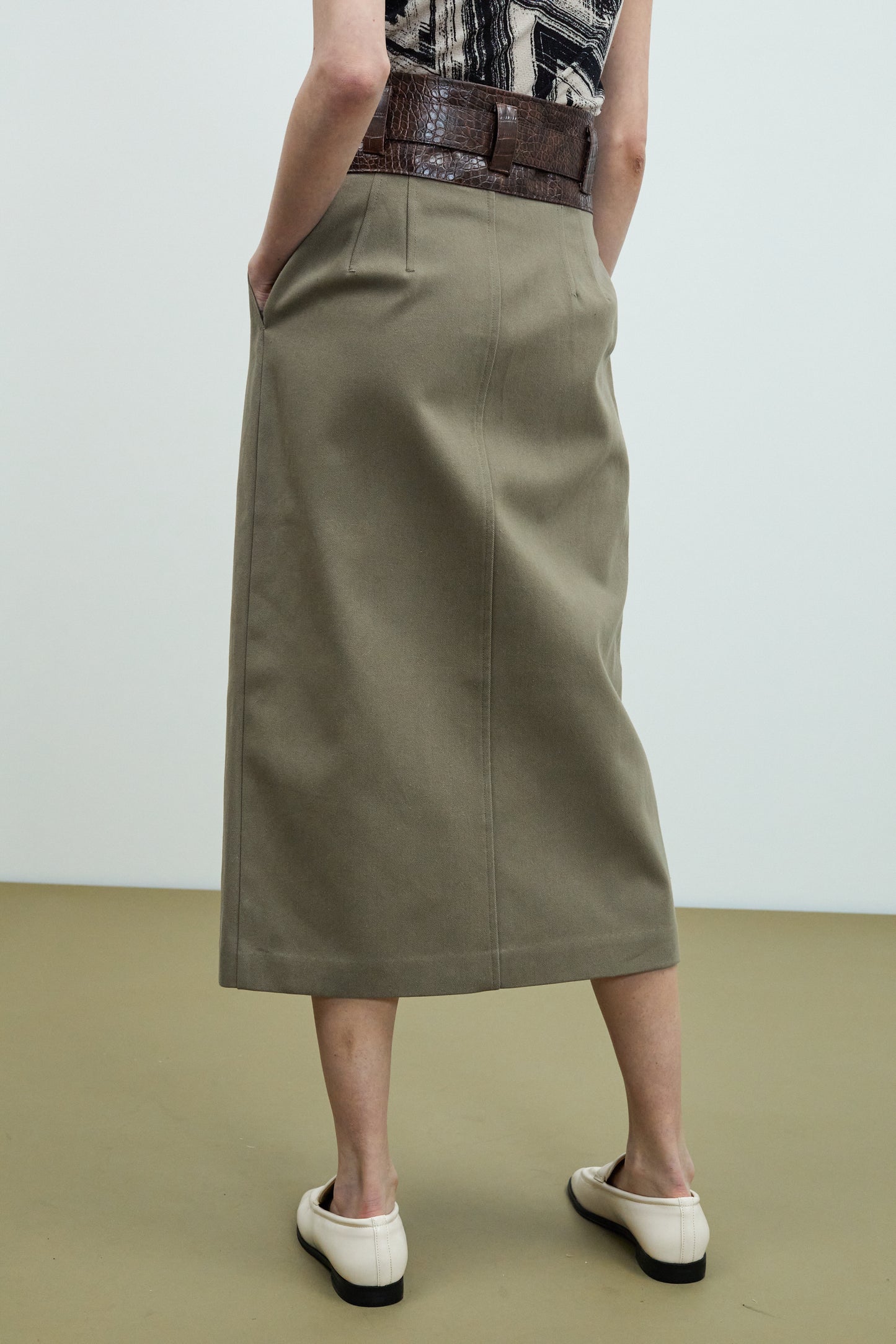 Front Slit Croc Belted Skirt, Khaki
