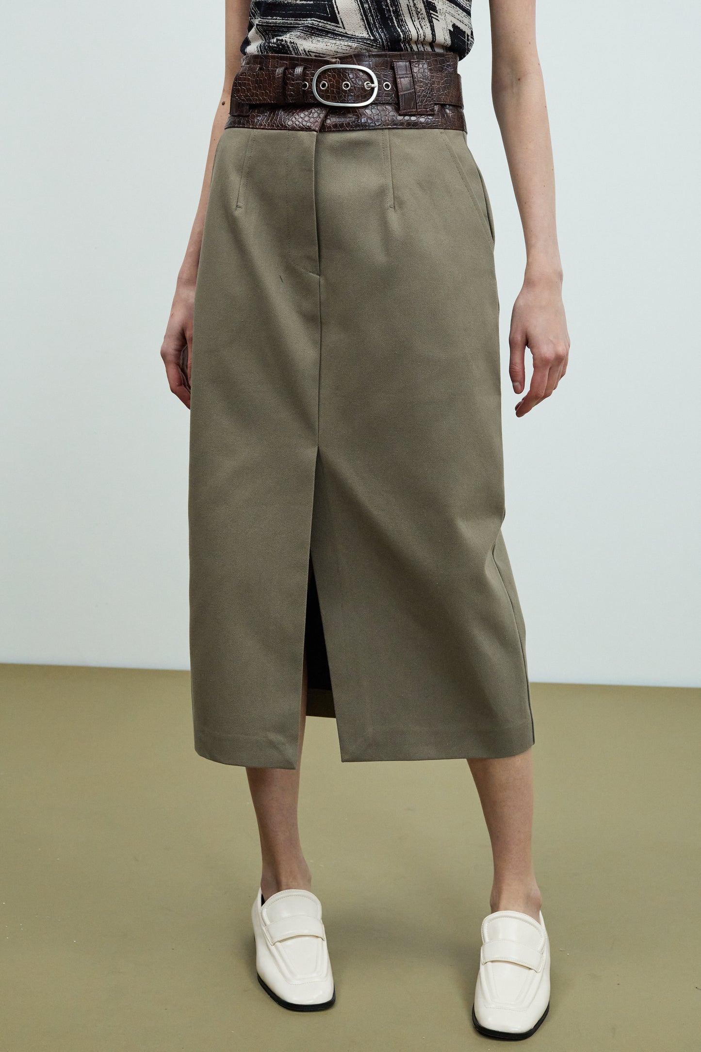 Front Slit Croc Belted Skirt, Khaki