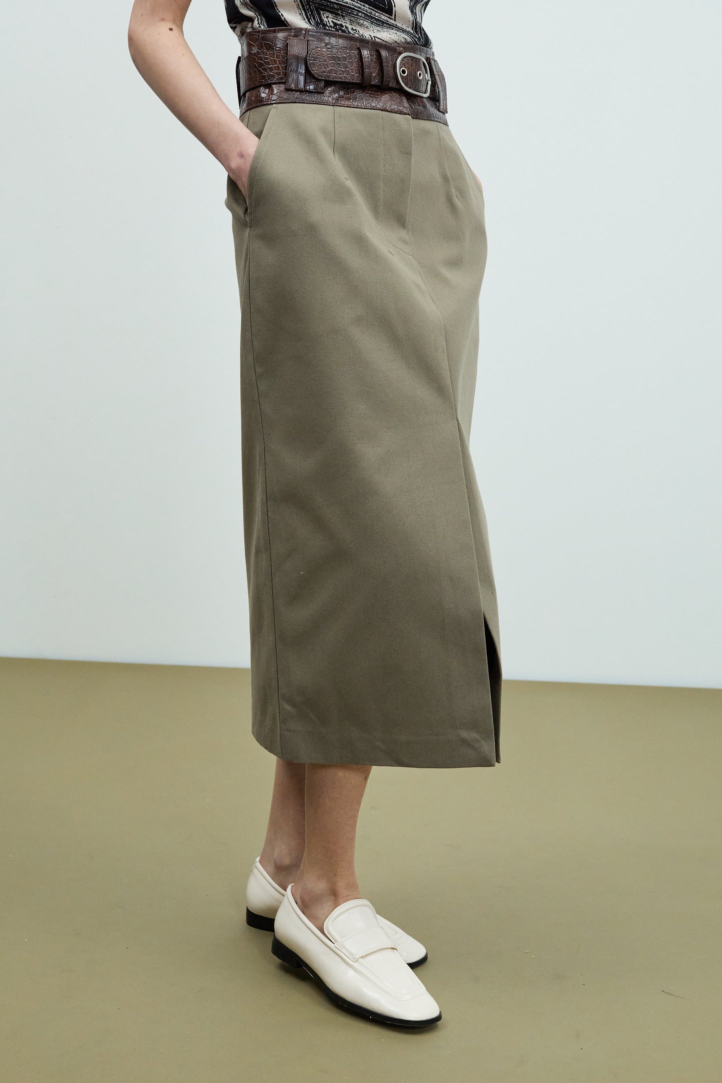 Front Slit Croc Belted Skirt, Khaki