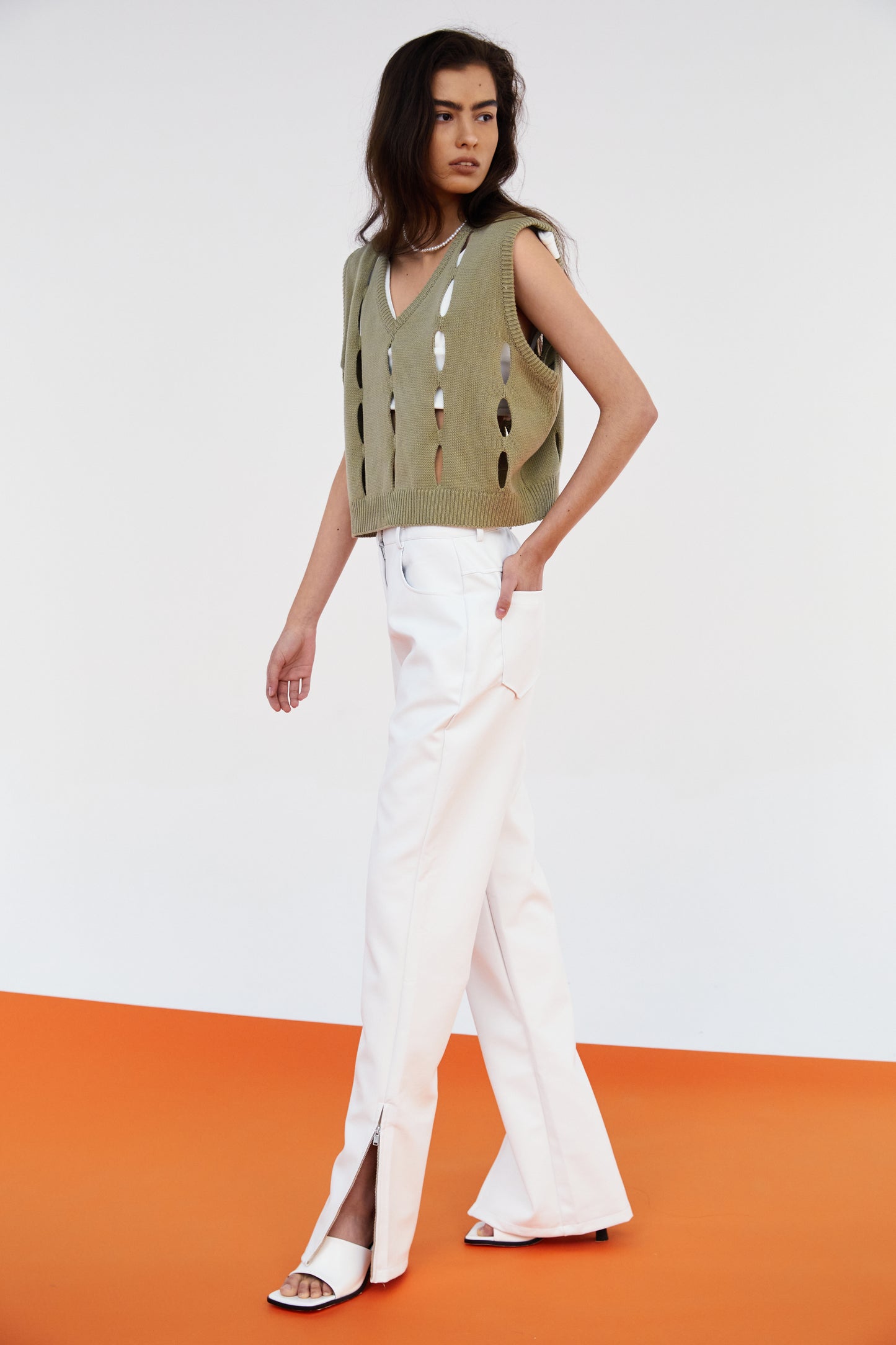 Zip Leg Vegan Leather Trousers, Ceramic White