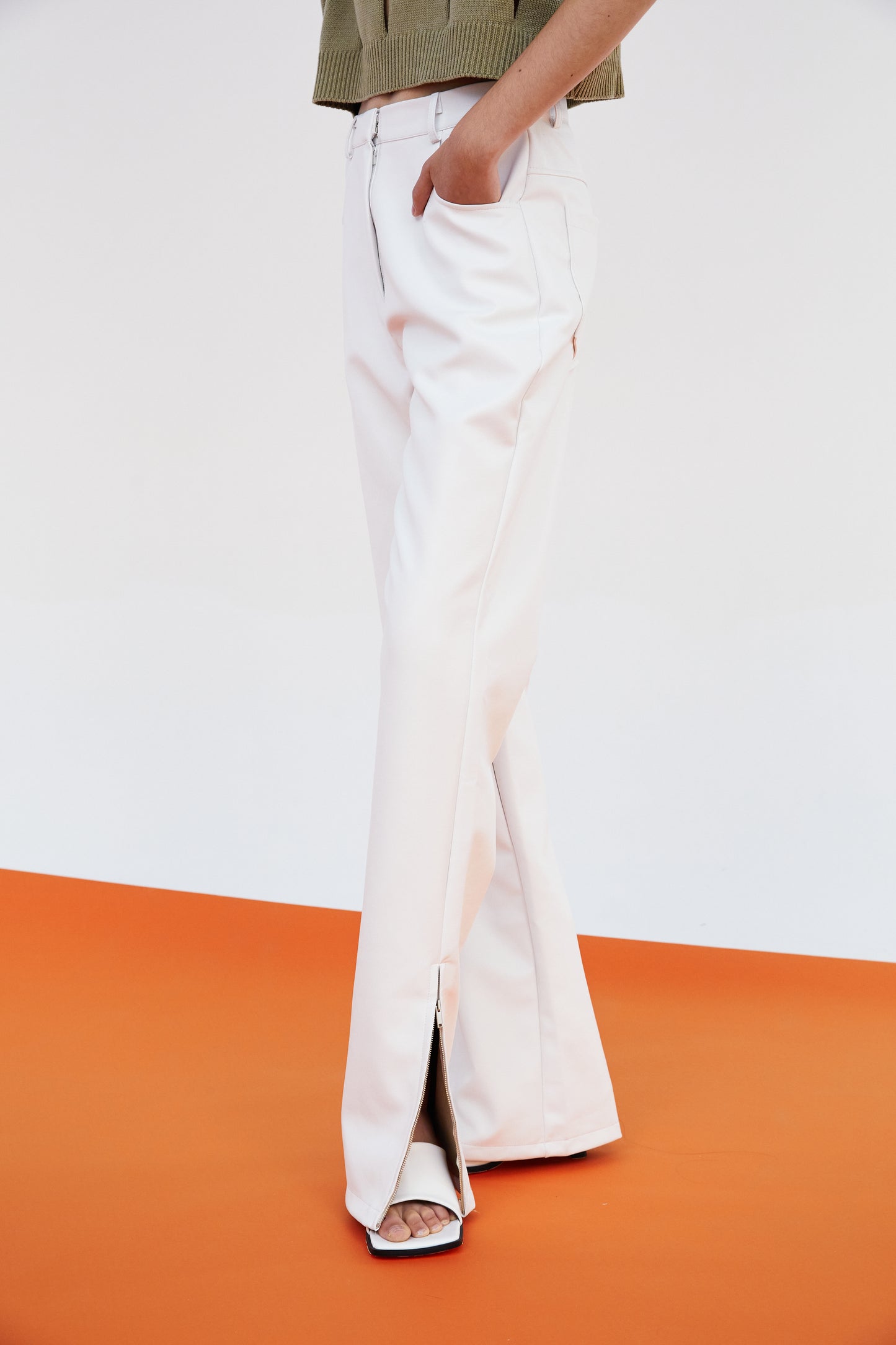 Zip Leg Vegan Leather Trousers, Ceramic White