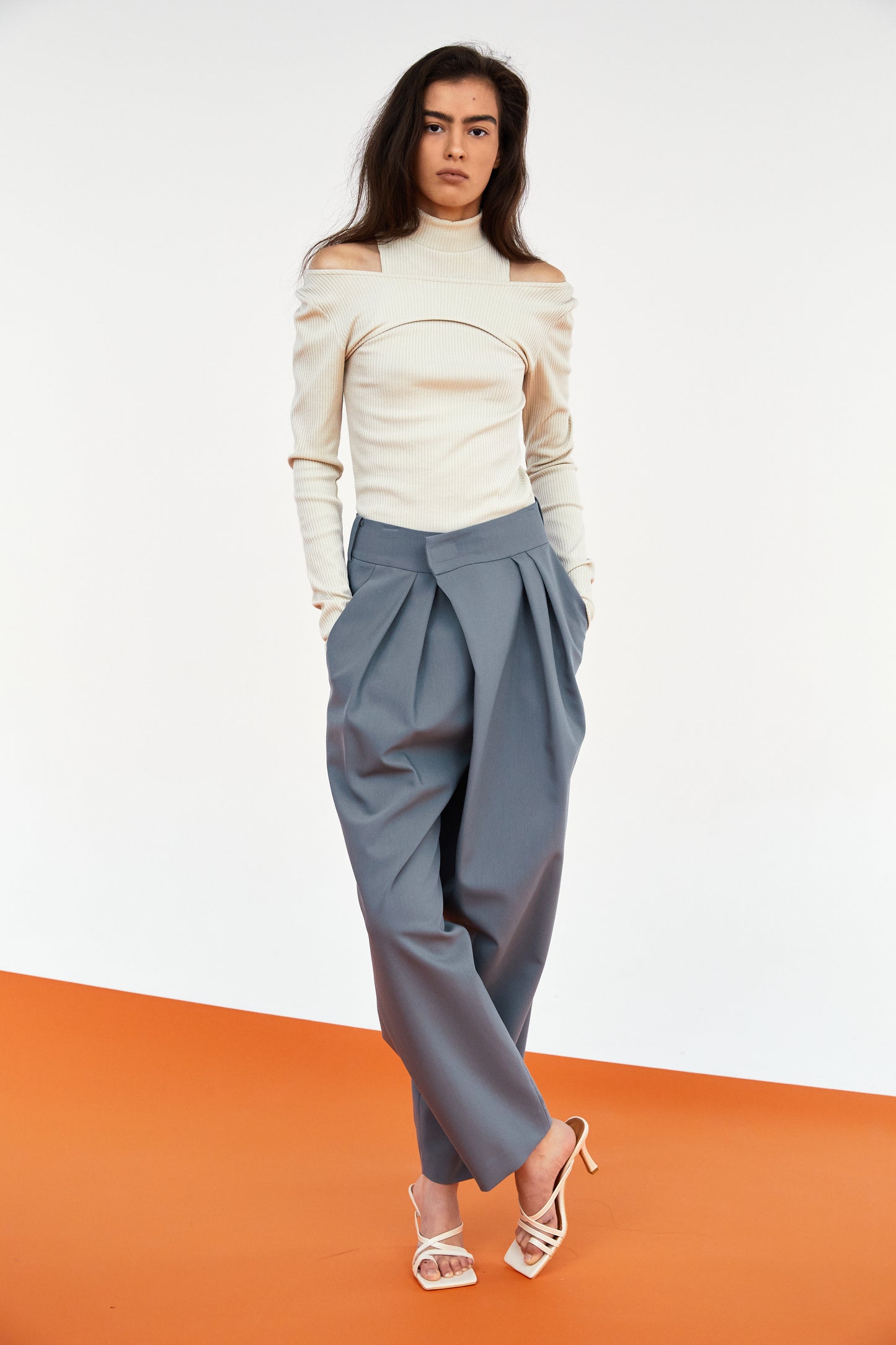 Double Layered Rib Half Neck Top, Cosmic Latte