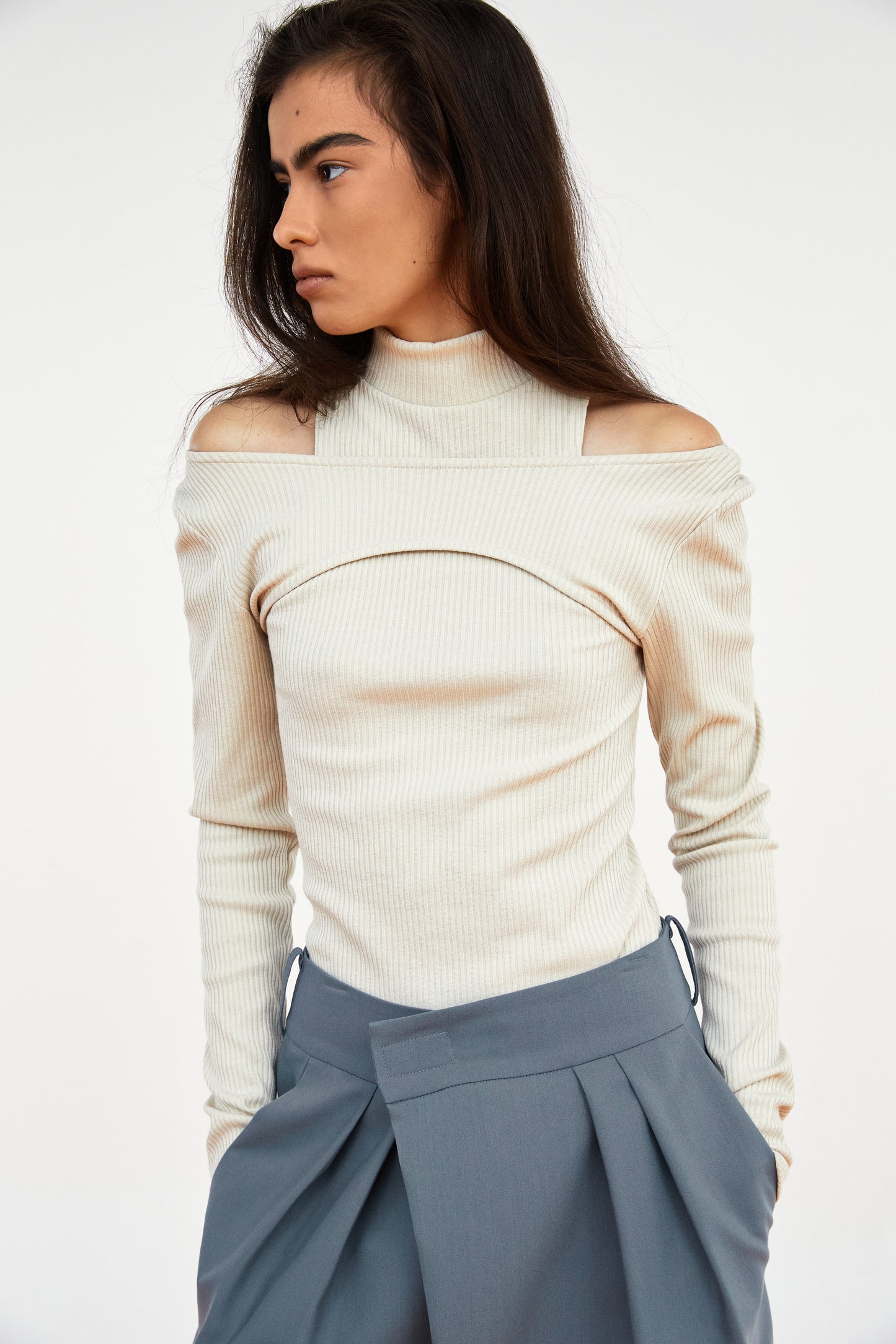 Double Layered Rib Half Neck Top, Cosmic Latte
