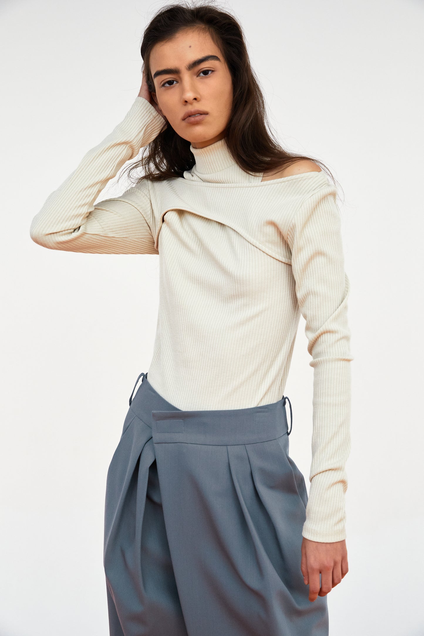 Double Layered Rib Half Neck Top, Cosmic Latte