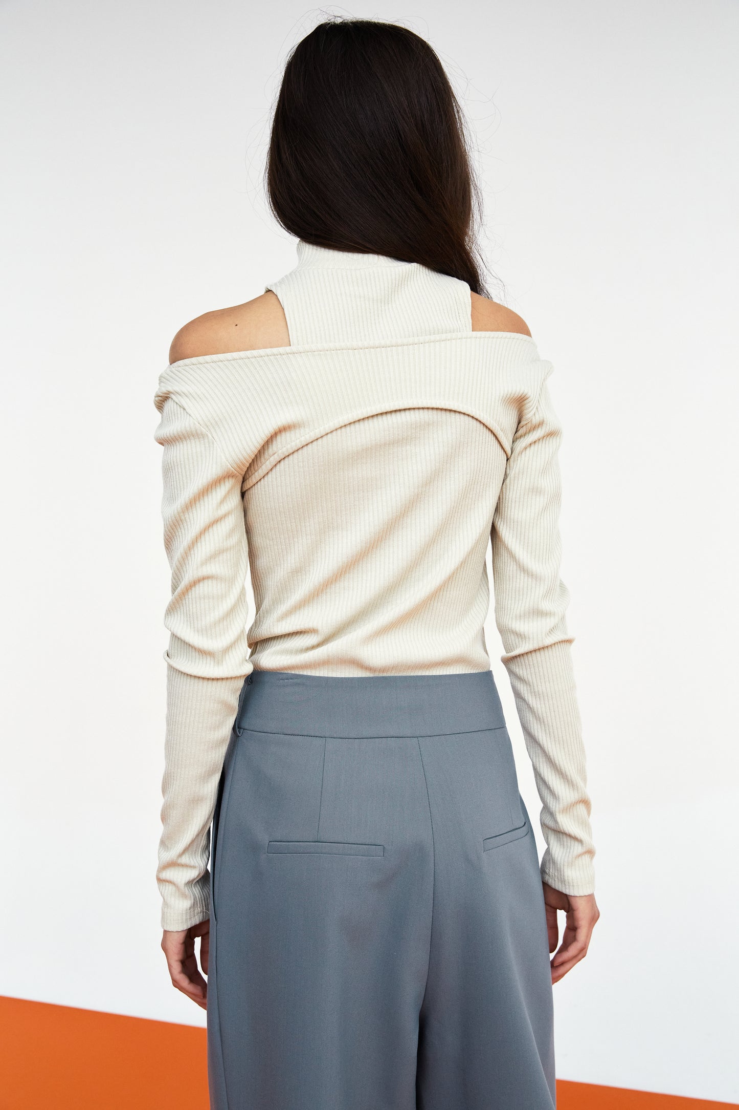 Double Layered Rib Half Neck Top, Cosmic Latte