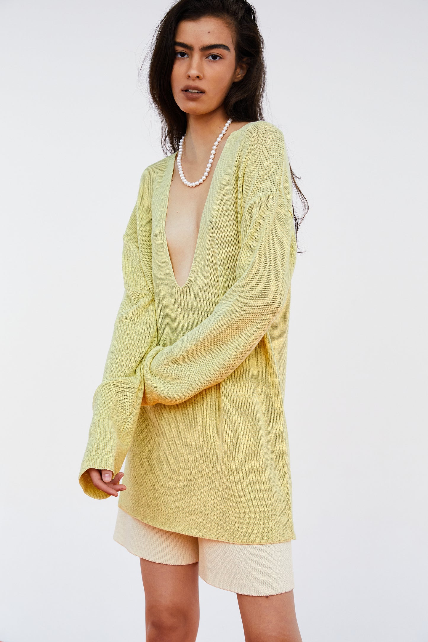 Deep Split Neck Fine Knit Sweater, Chartreuse