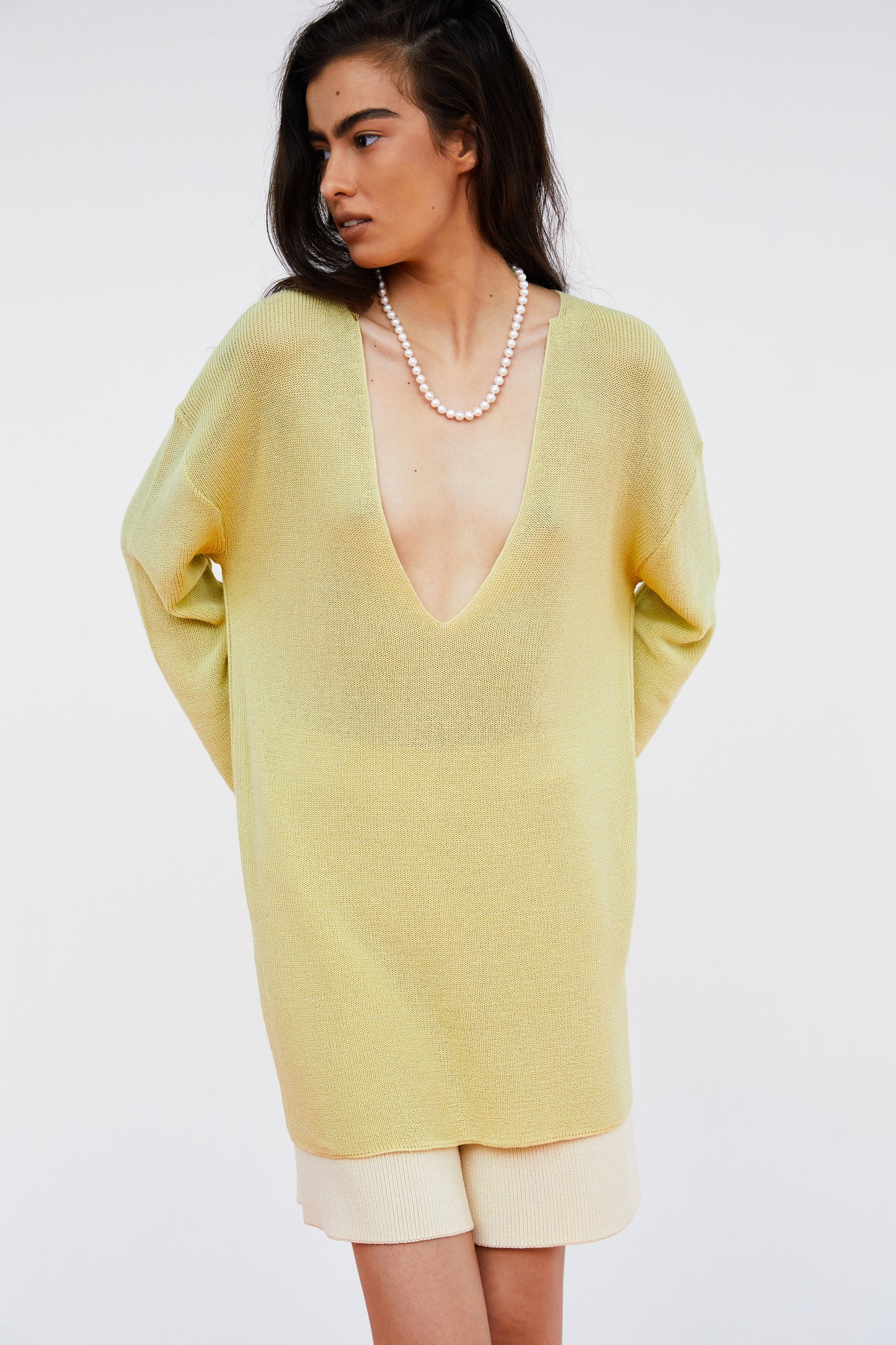 Deep Split Neck Fine Knit Sweater, Chartreuse