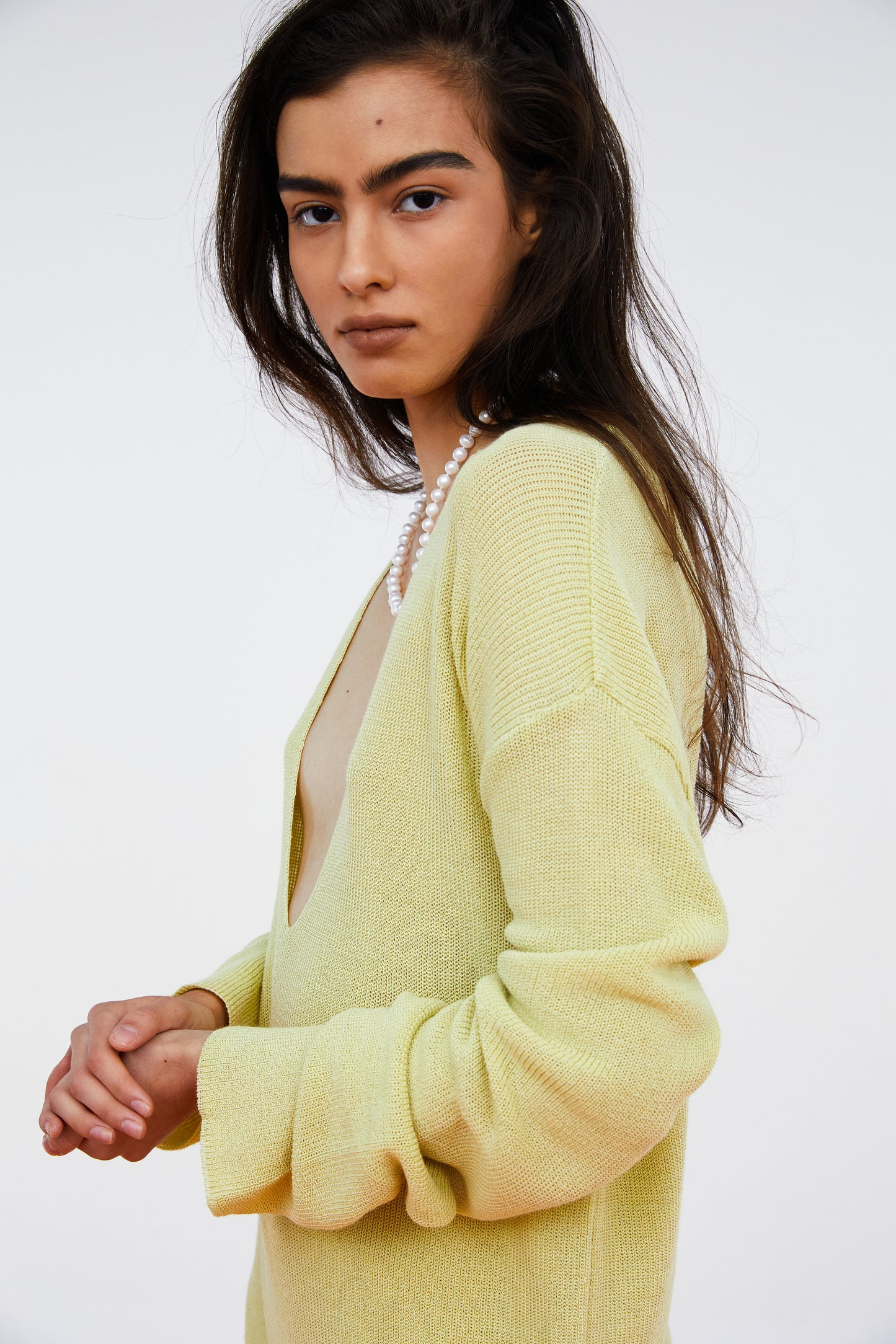 Deep Split Neck Fine Knit Sweater, Chartreuse
