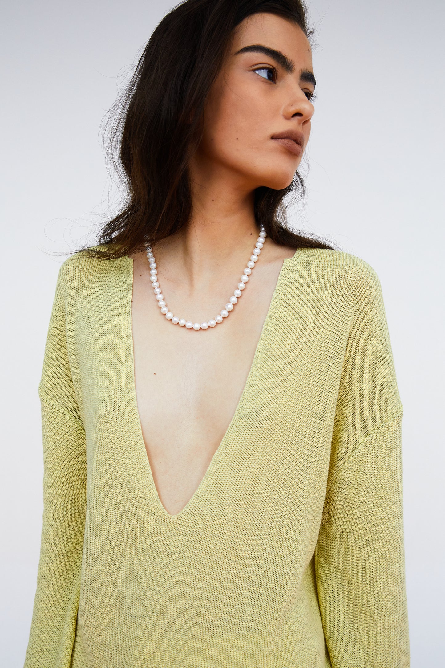 Deep Split Neck Fine Knit Sweater, Chartreuse