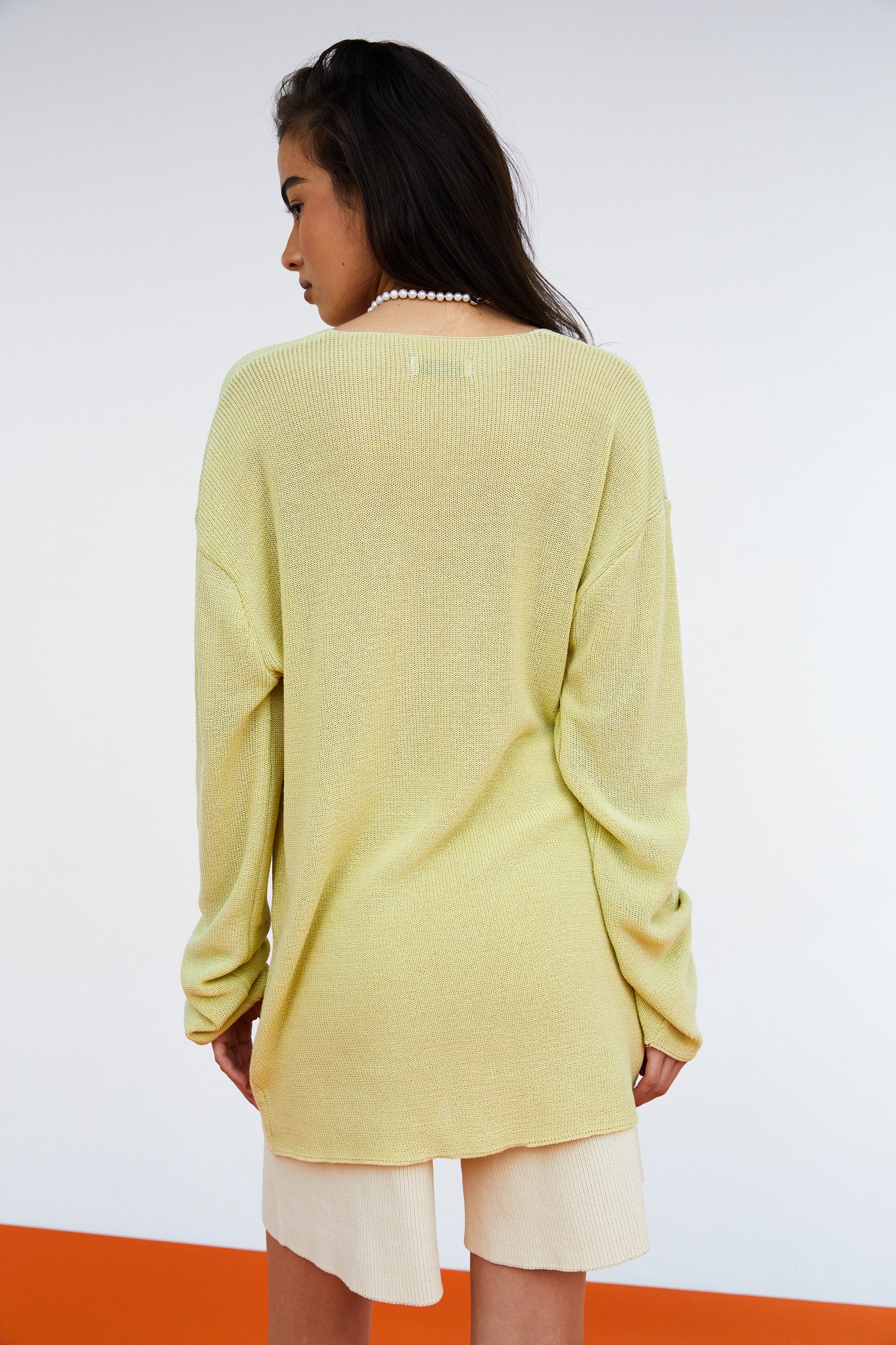 Deep Split Neck Fine Knit Sweater, Chartreuse