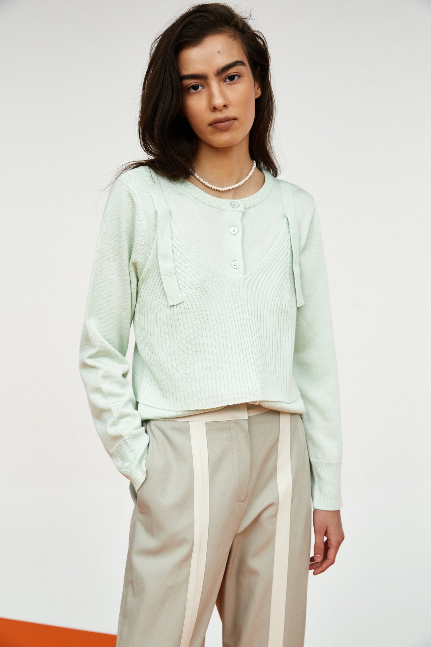 Soft Touch Fine Knit Cardigan & Ribbed Tank Set, Baby Mint