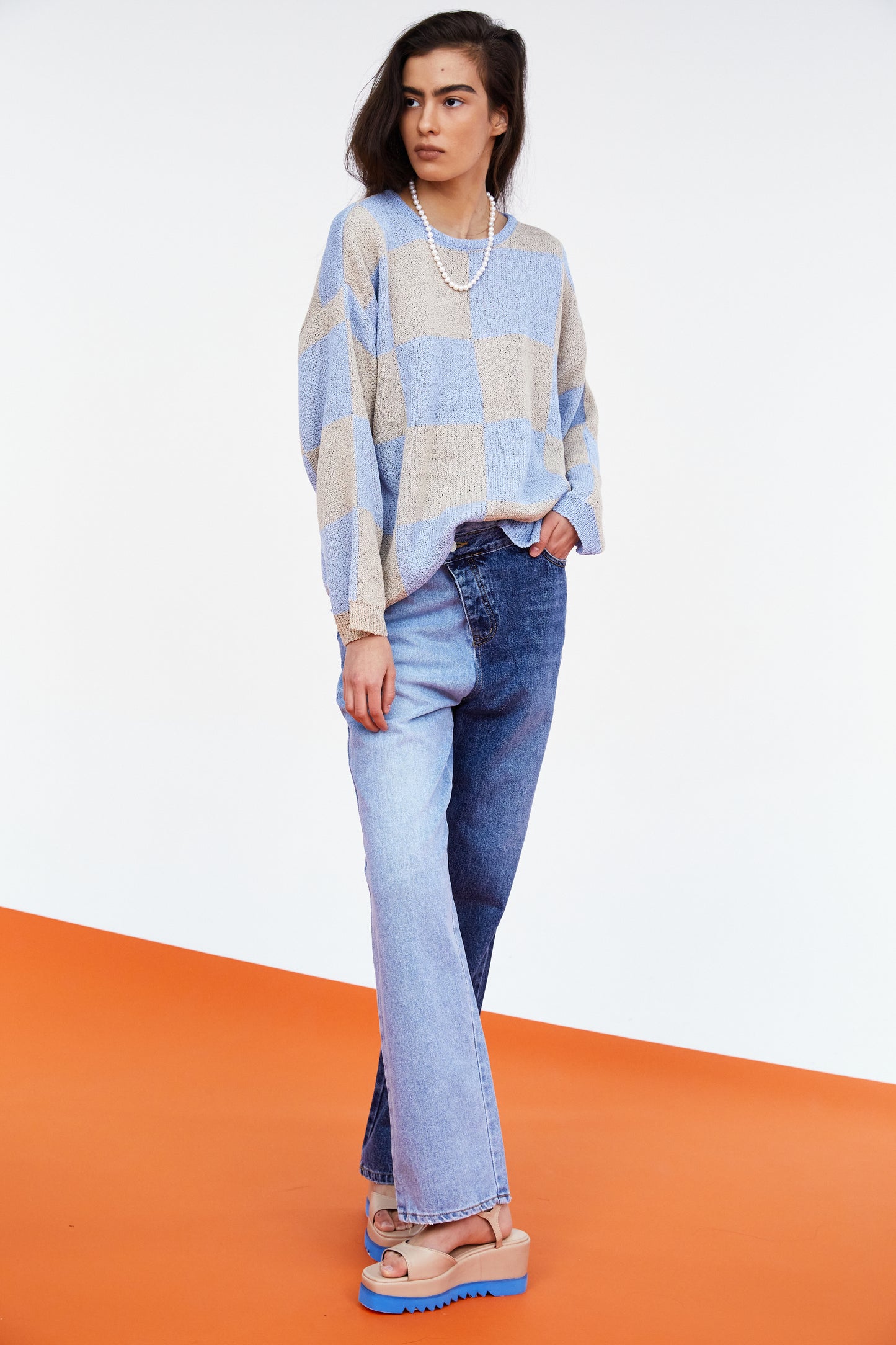 Checkerboard Loose Pullover, Tan & Blue
