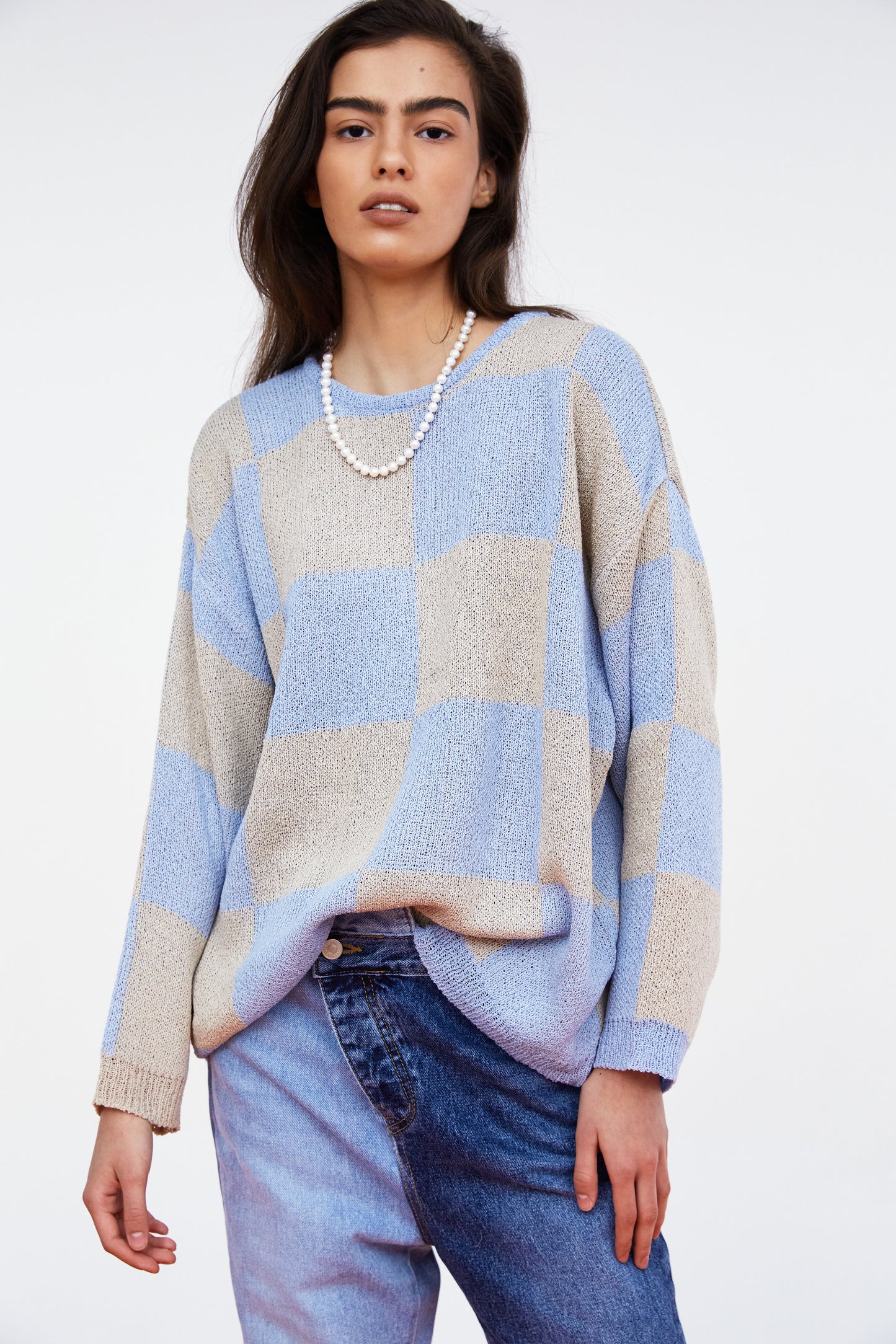 Checkerboard Loose Pullover, Tan & Blue