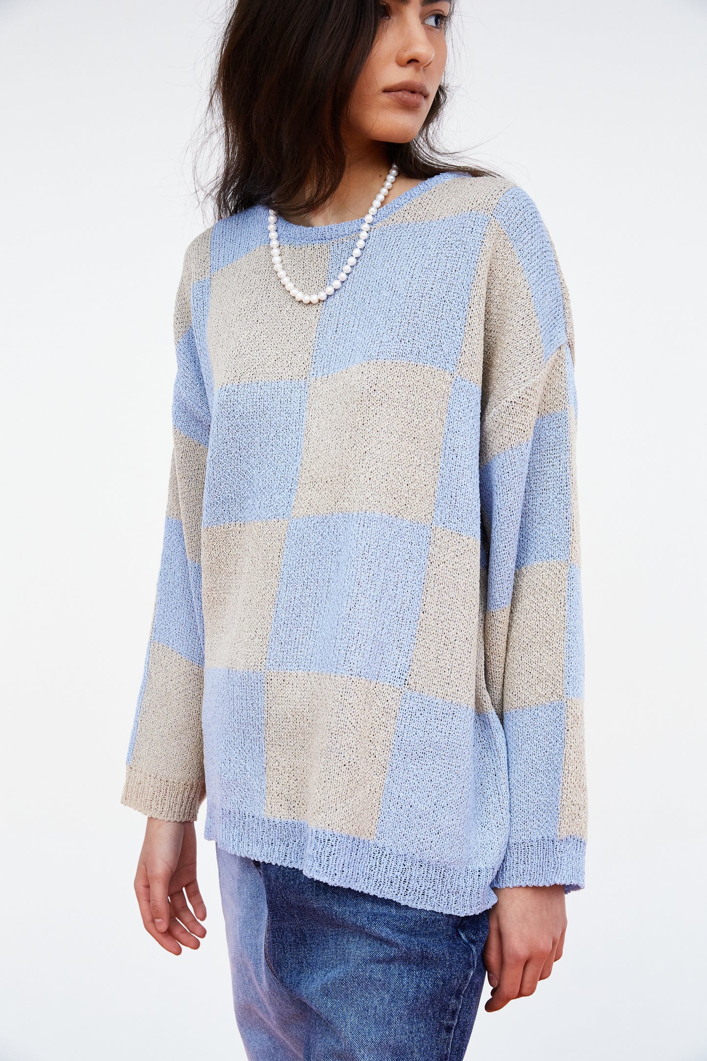 Checkerboard Loose Pullover, Tan & Blue