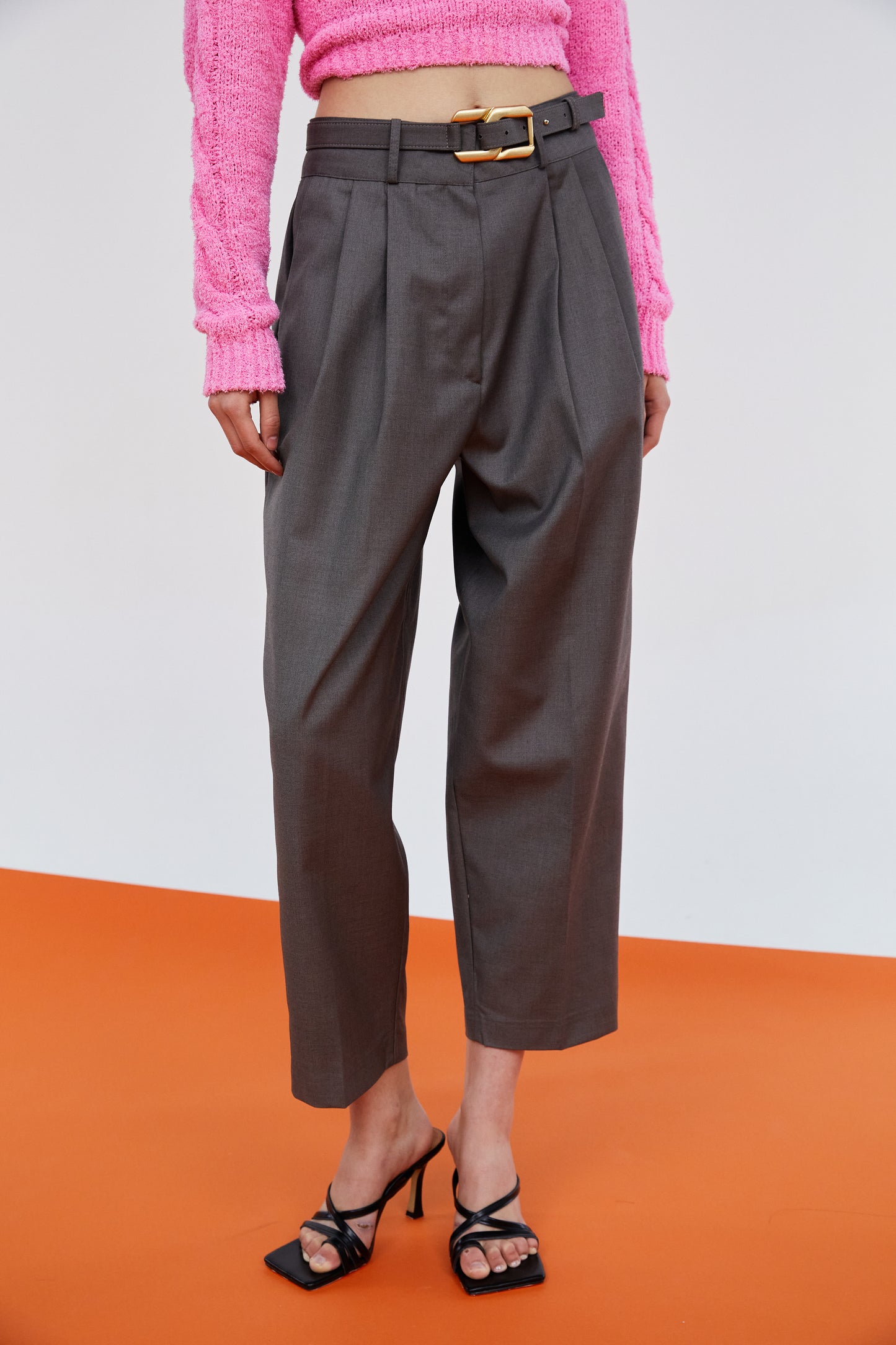 Square Belt Tapered Trousers, Charcoal