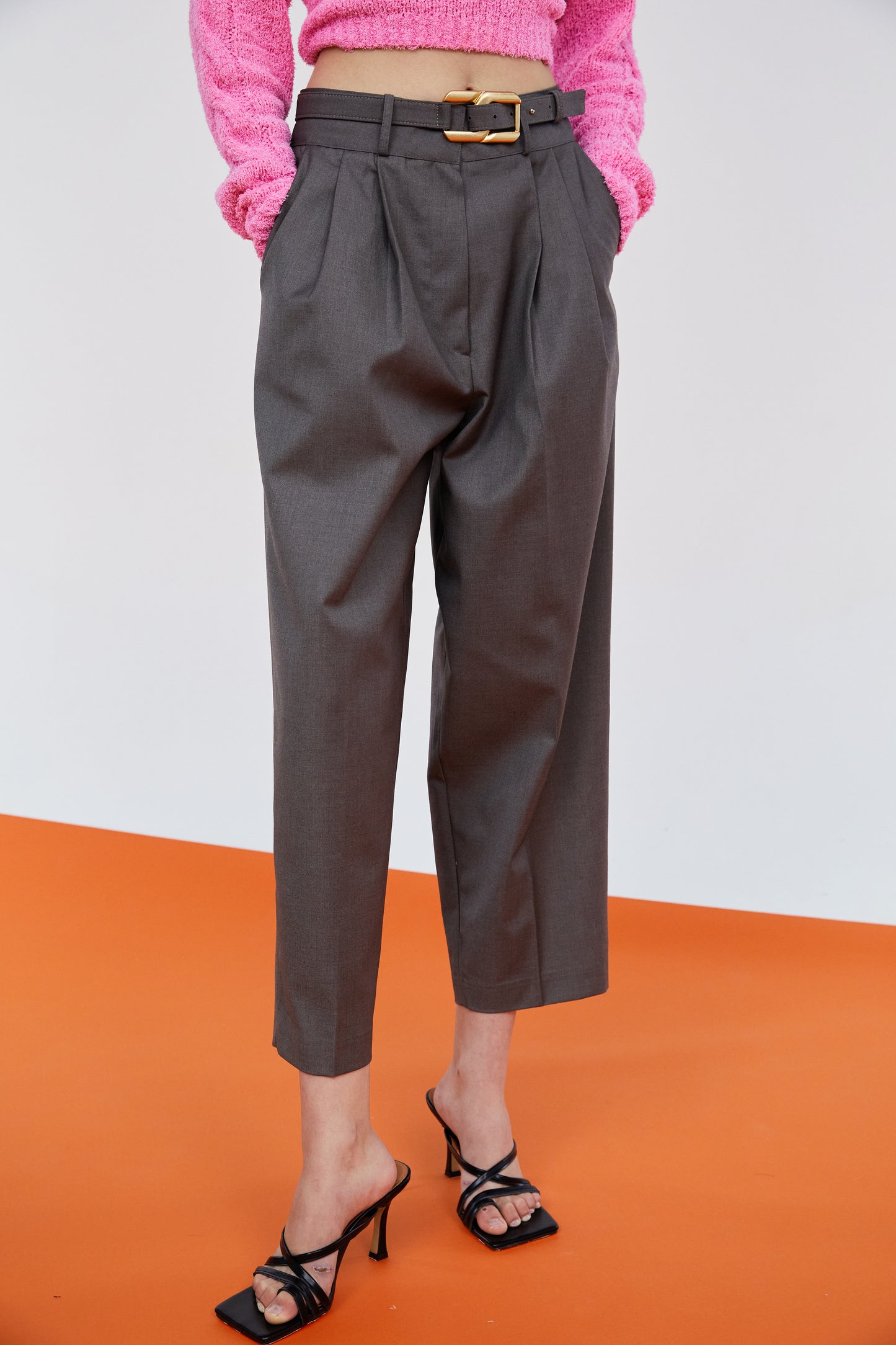 Square Belt Tapered Trousers, Charcoal