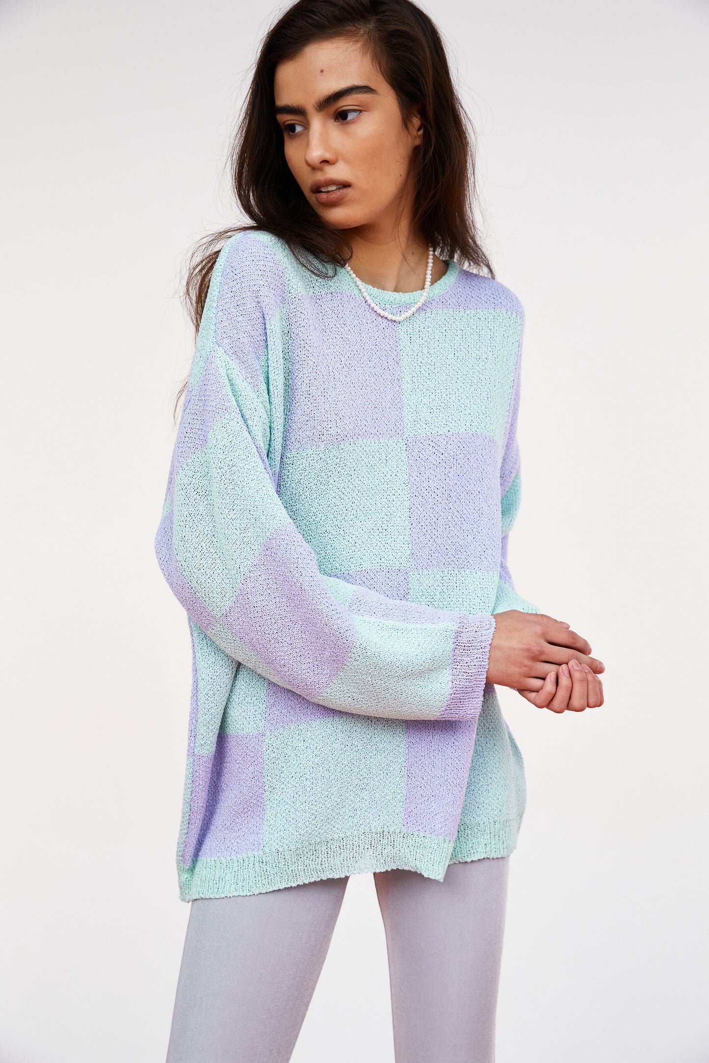 Checkerboard Loose Pullover, Mint & Lilac
