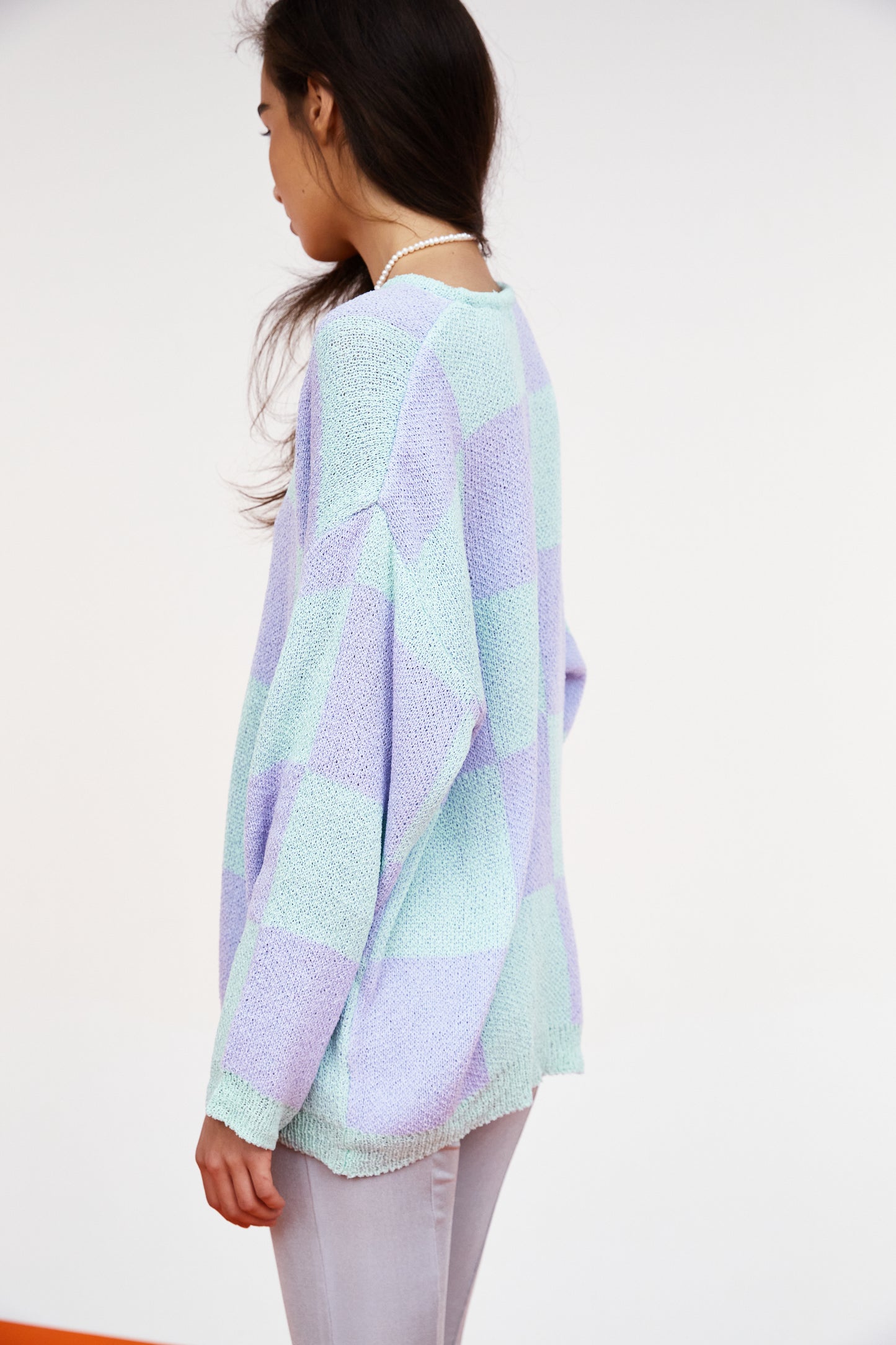 Checkerboard Loose Pullover, Mint & Lilac