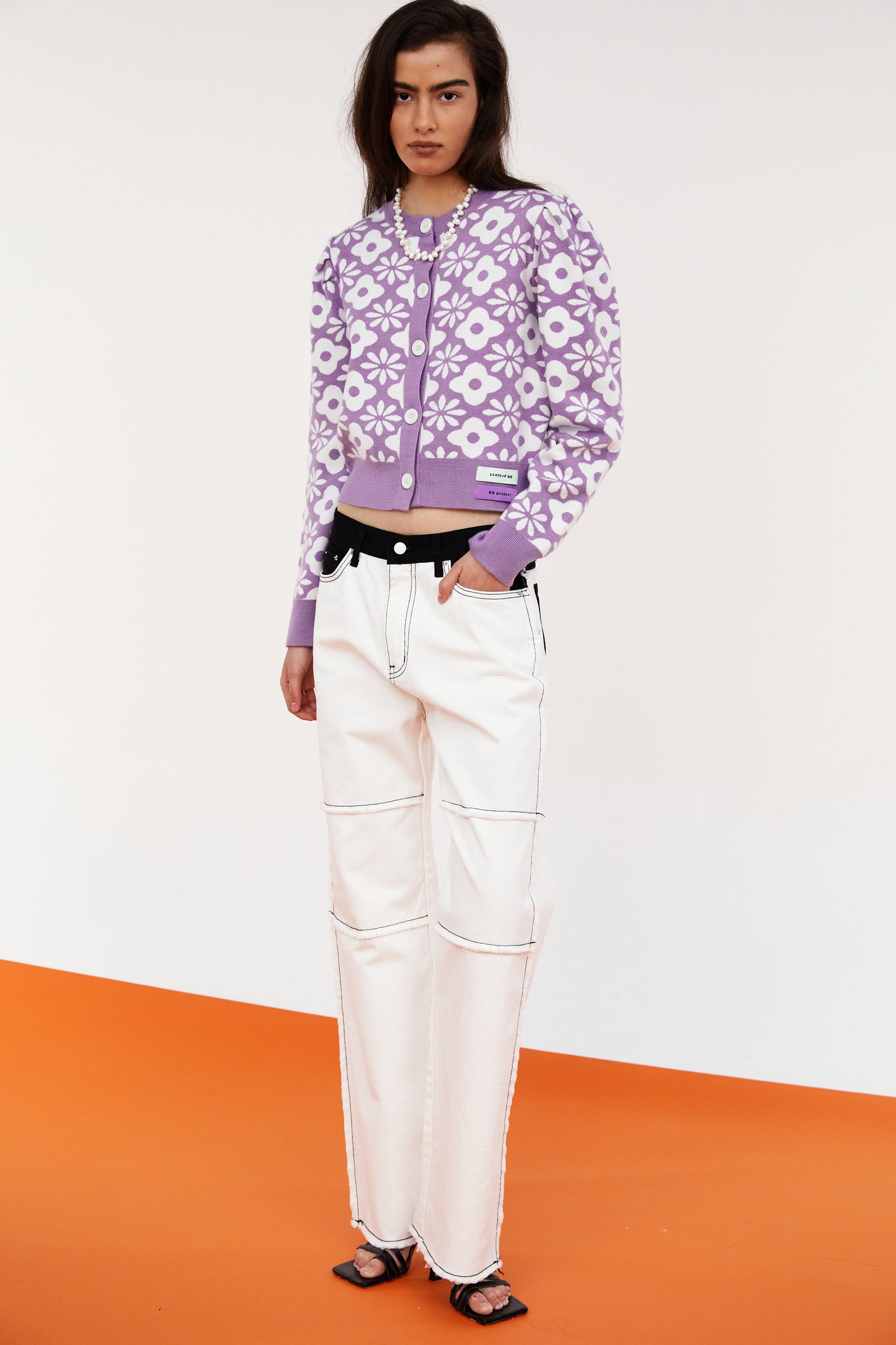 Floral Pattern Knit Cardigan, Lavender