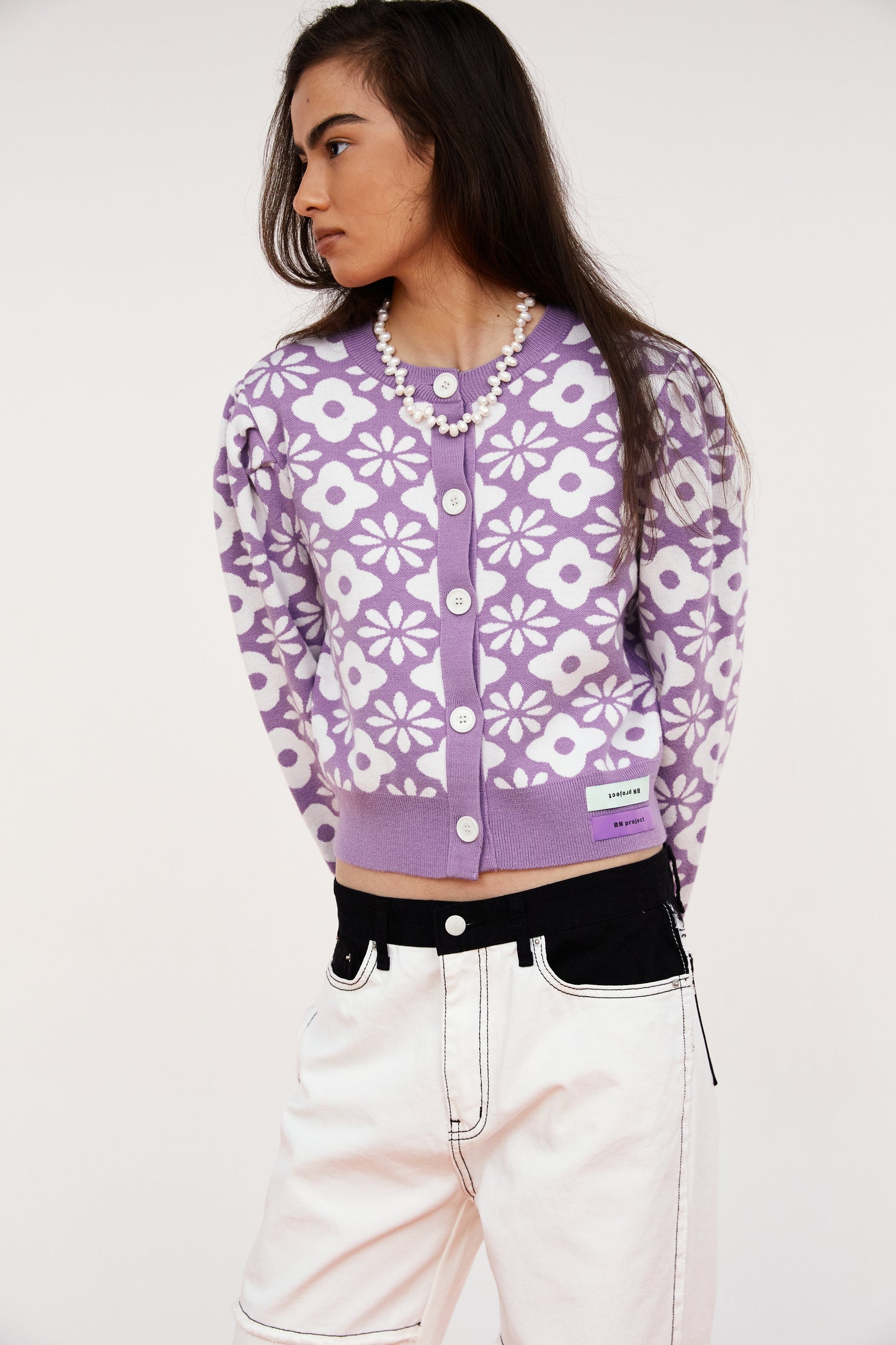 Floral Pattern Knit Cardigan, Lavender