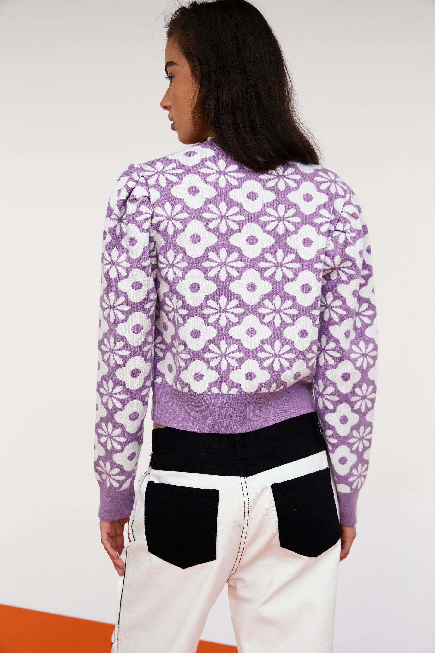 Floral Pattern Knit Cardigan, Lavender