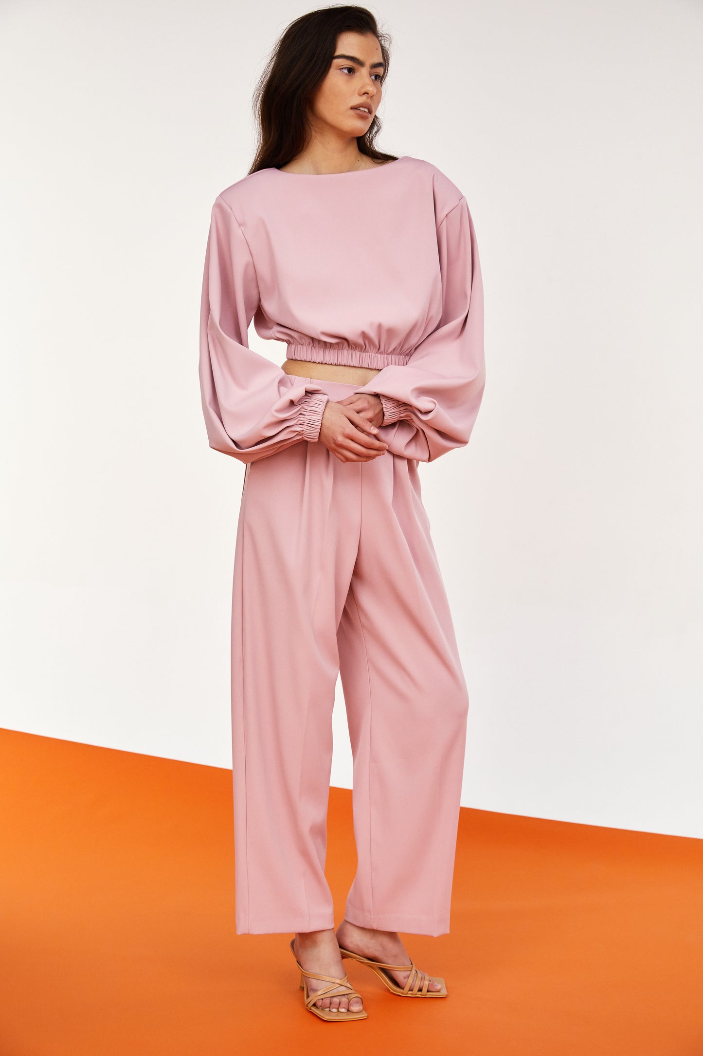 Padded Shoulder Plush Blouse And Pants Set, Powder Rose