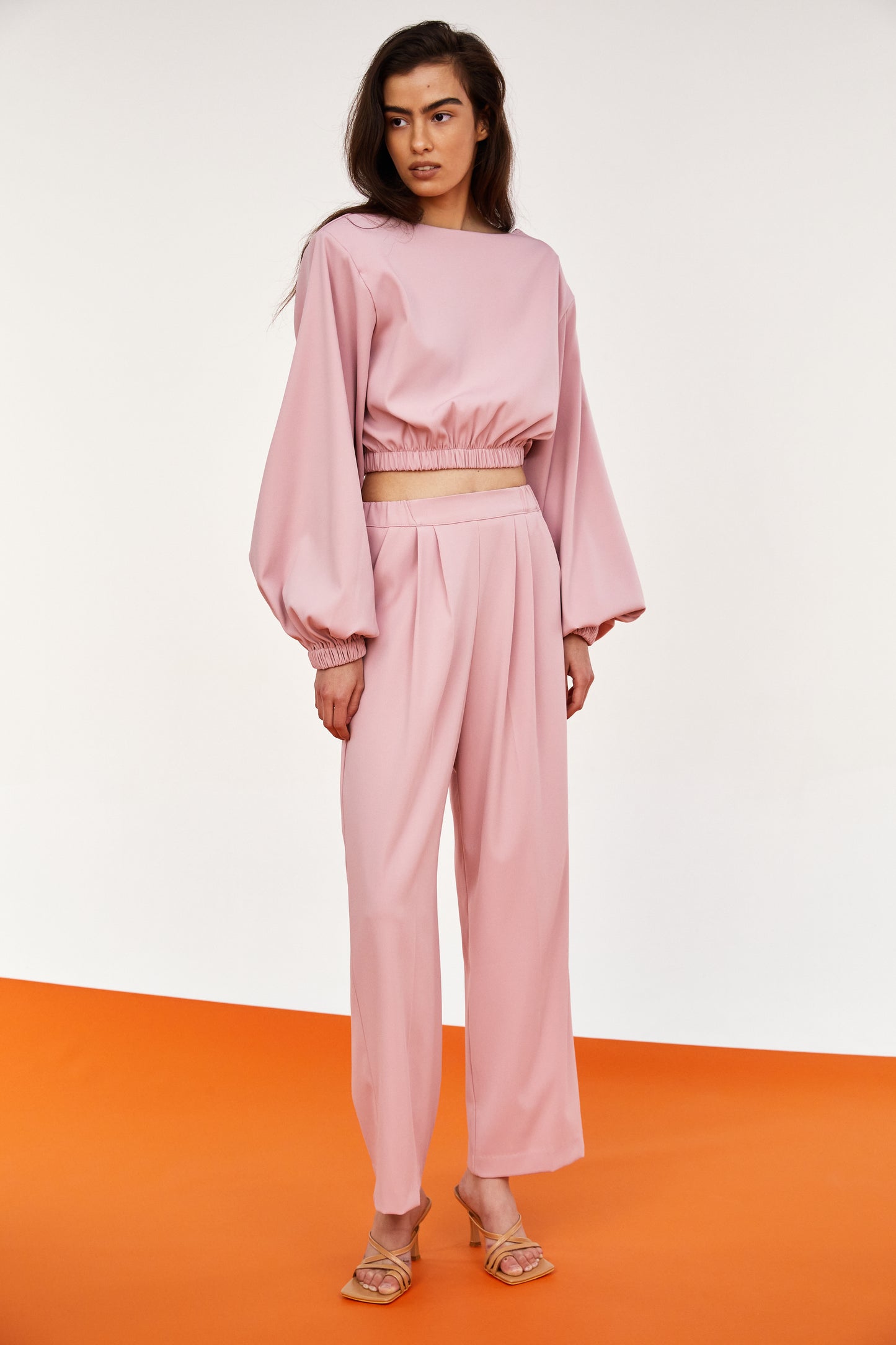 Padded Shoulder Plush Blouse And Pants Set, Powder Rose