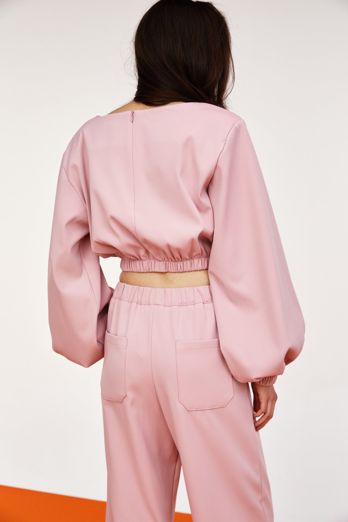 Padded Shoulder Plush Blouse And Pants Set, Powder Rose