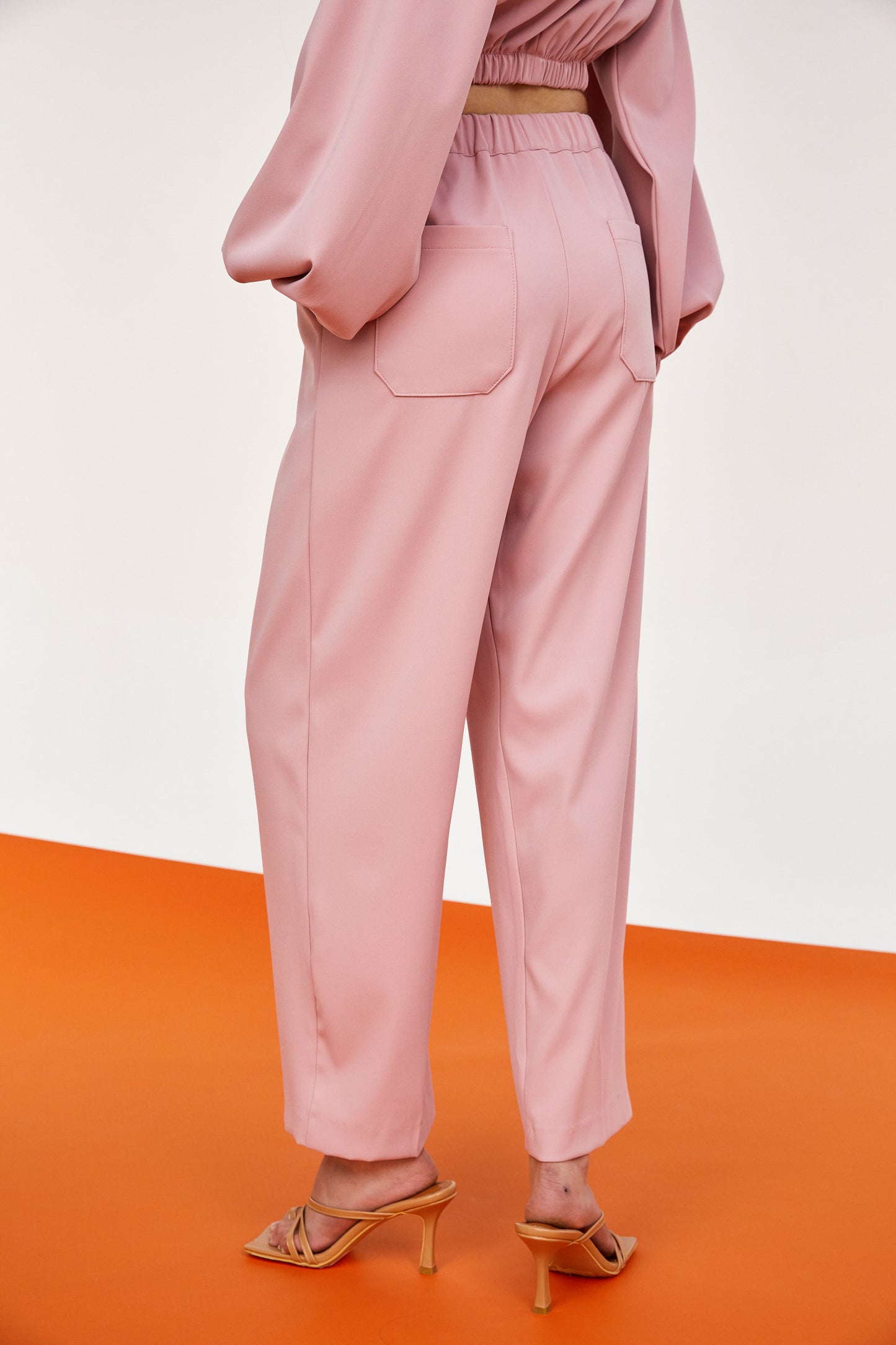 Padded Shoulder Plush Blouse And Pants Set, Powder Rose