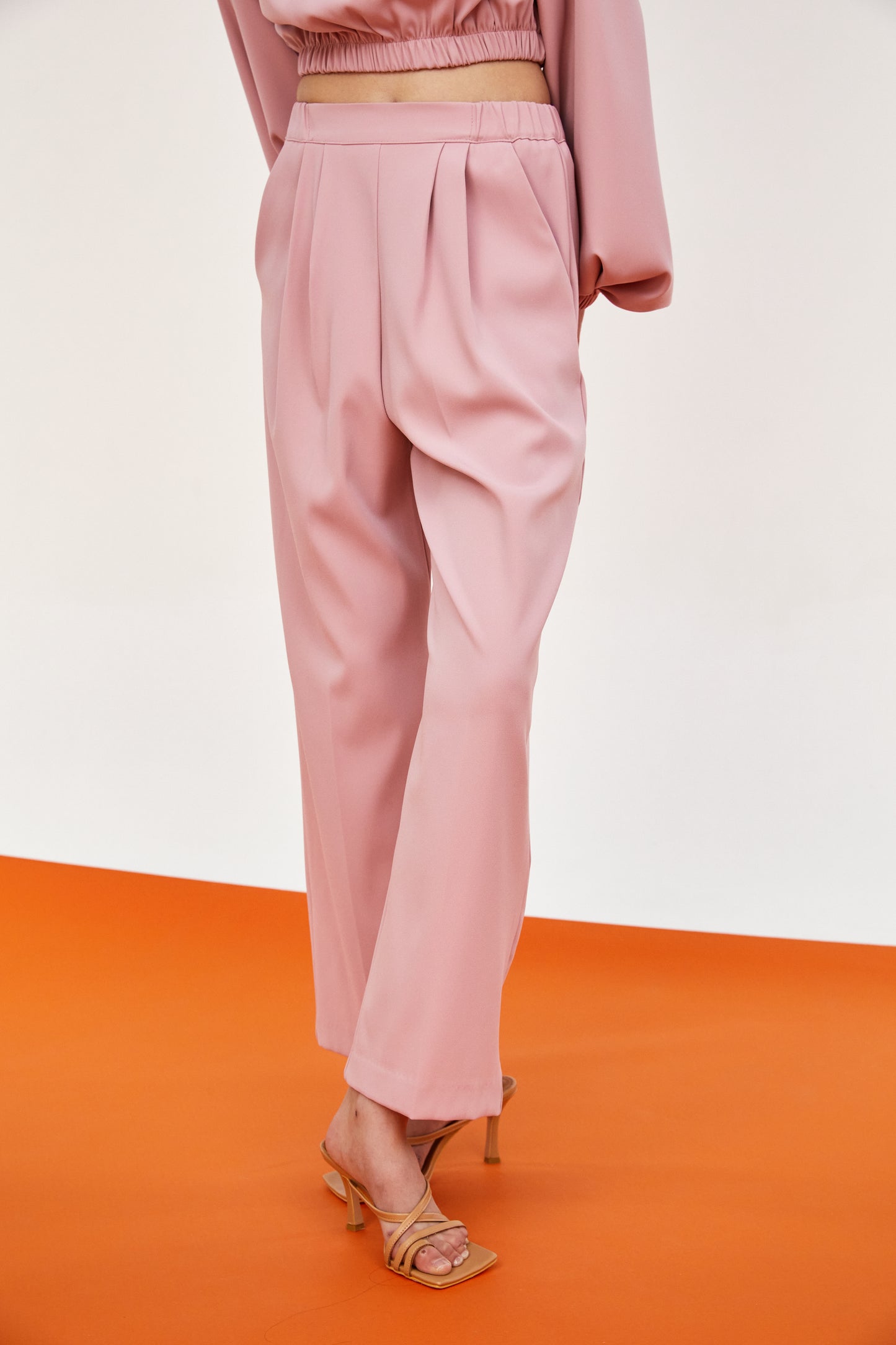 Padded Shoulder Plush Blouse And Pants Set, Powder Rose