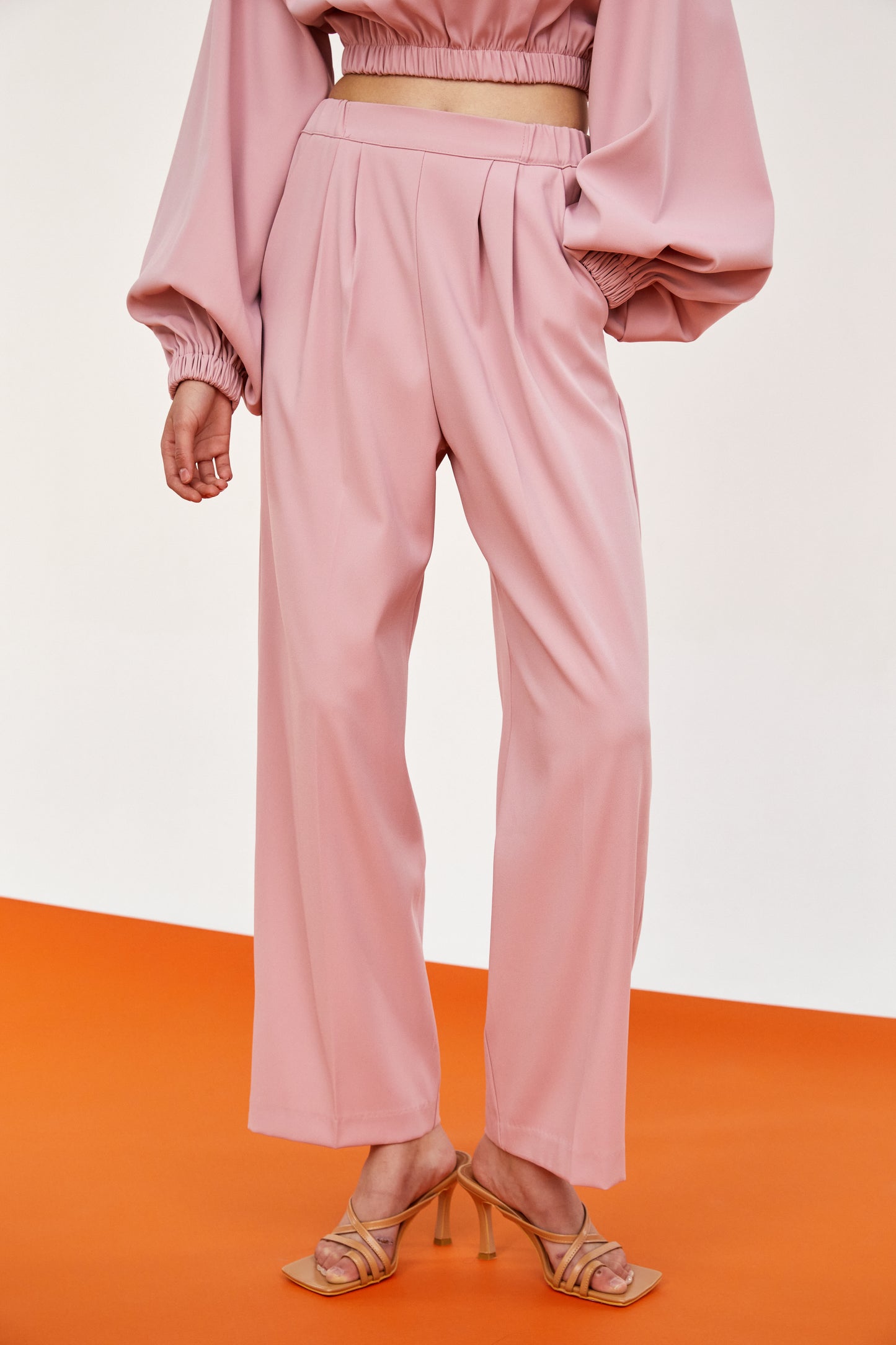 Padded Shoulder Plush Blouse And Pants Set, Powder Rose