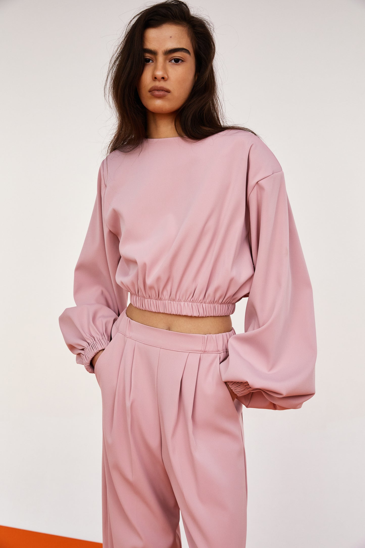 Padded Shoulder Plush Blouse And Pants Set, Powder Rose