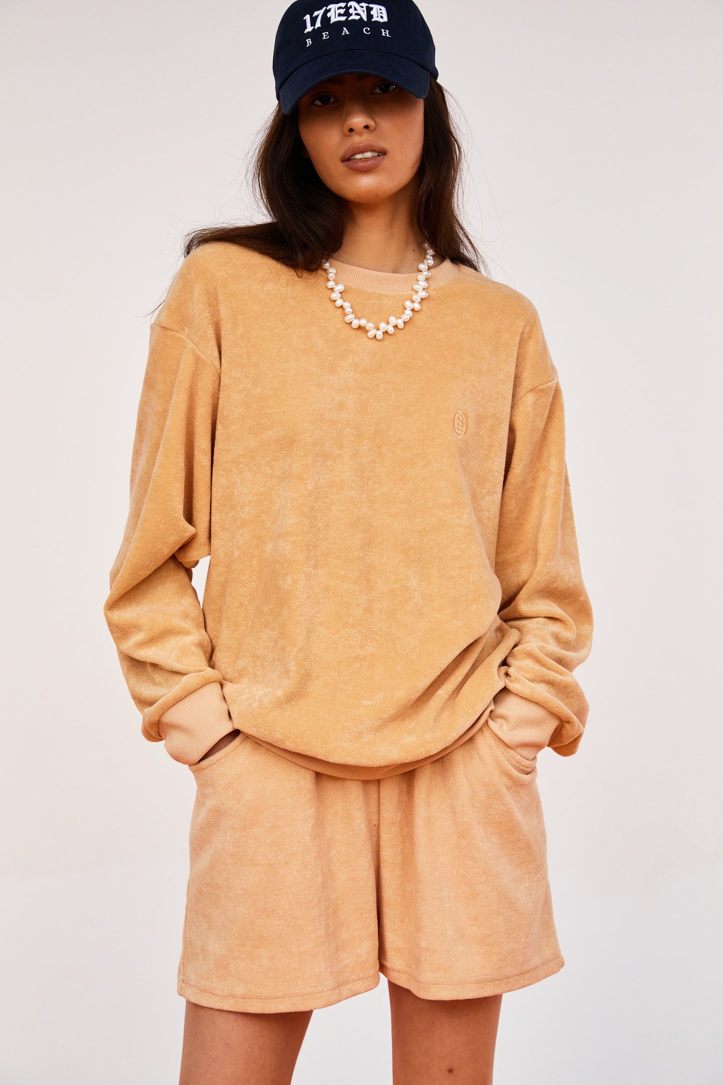 Relaxed Terry Cloth Sweatshirt, Apricot