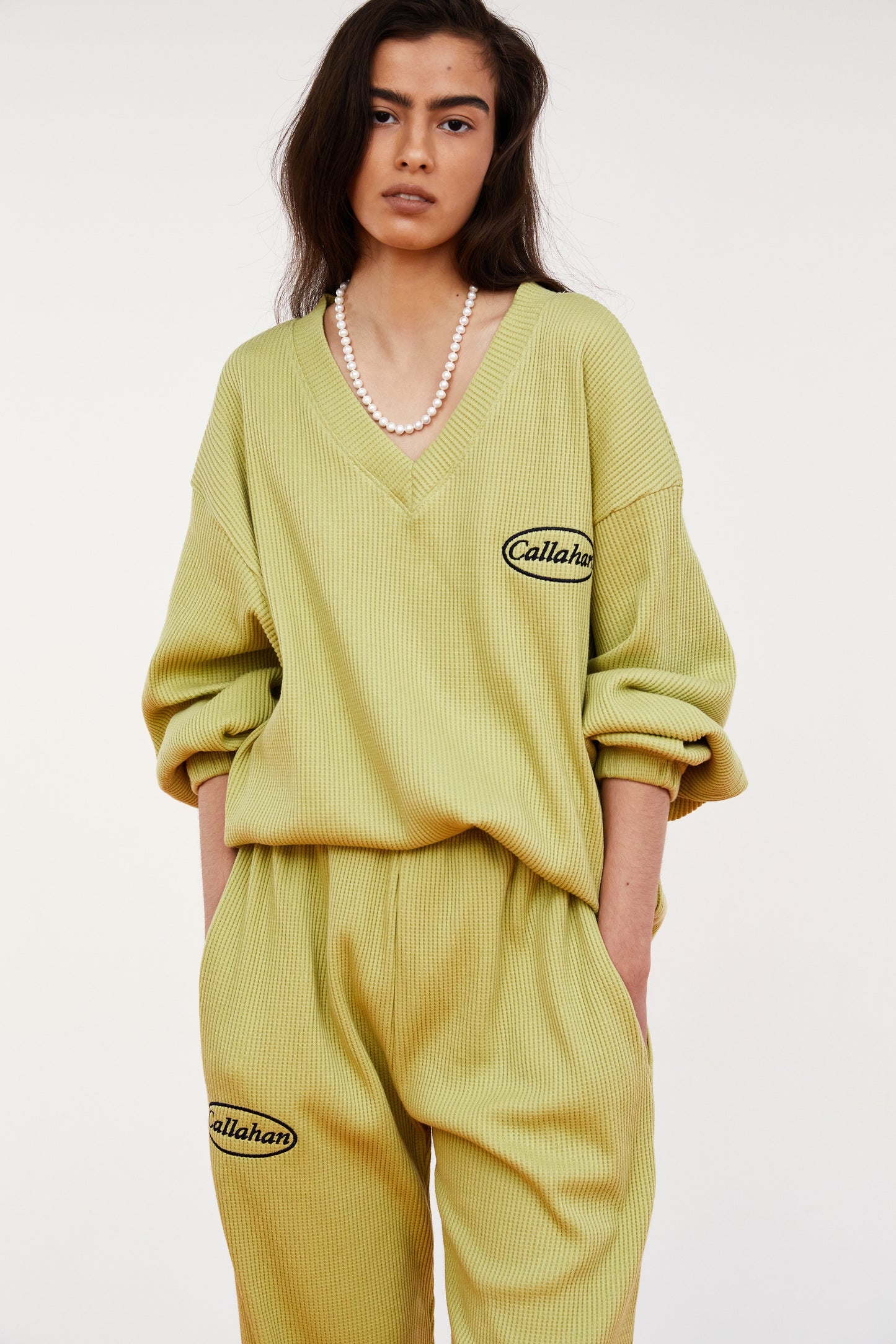 V-Neck Embroidered Waffle Top, Pear