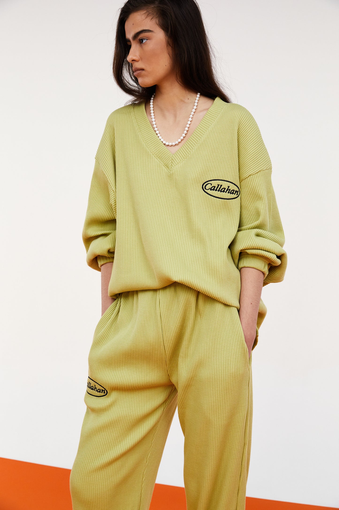 V-Neck Embroidered Waffle Top, Pear