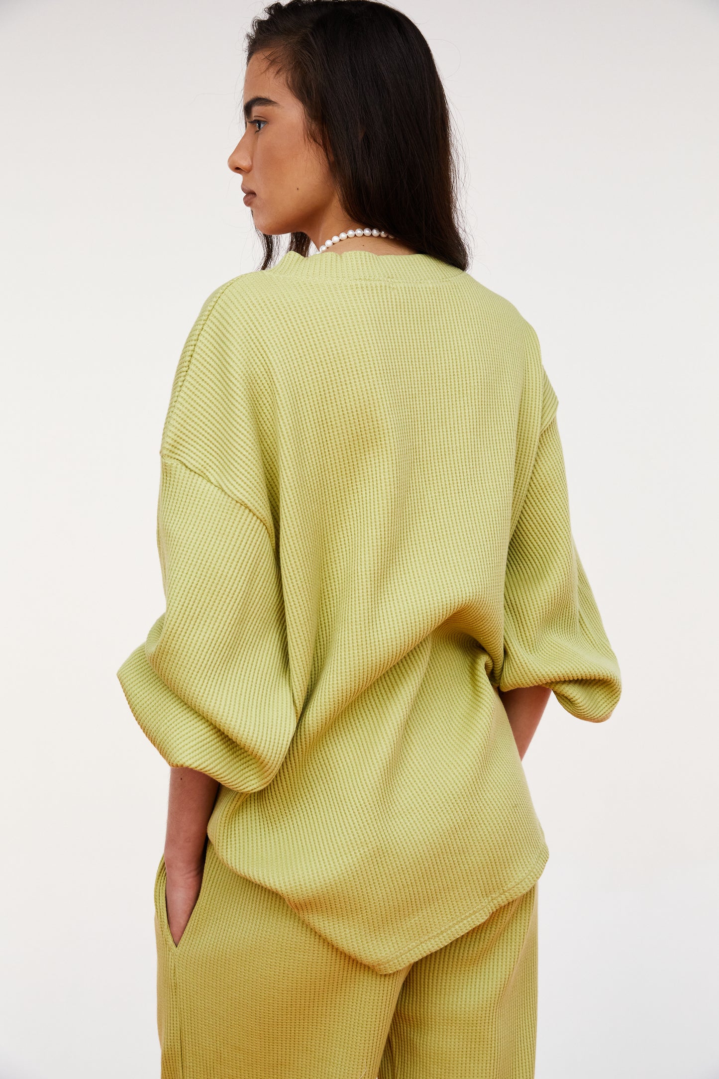 V-Neck Embroidered Waffle Top, Pear