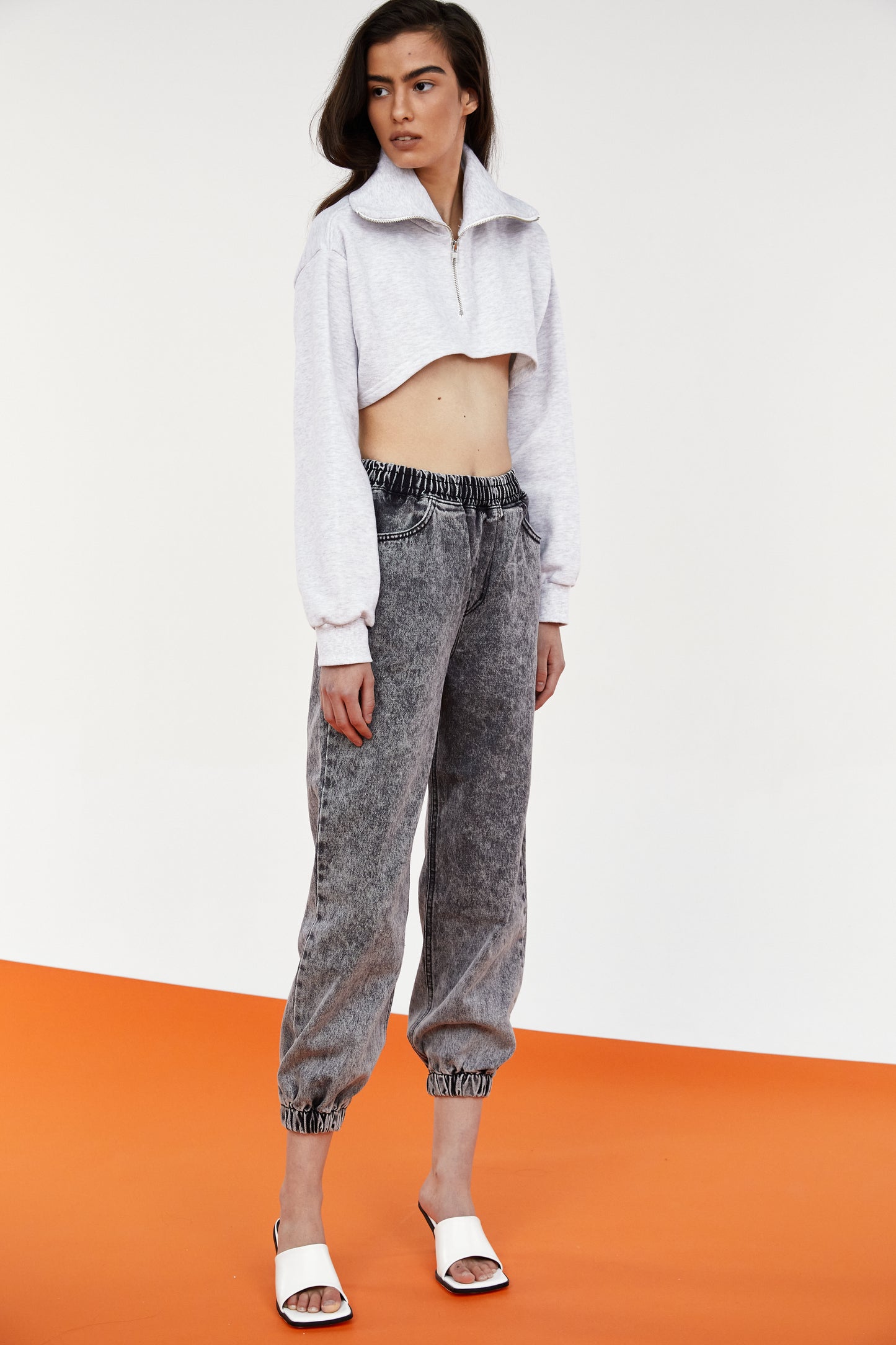 Cropped Zip Up Sweatshirt, Light Grey Melange