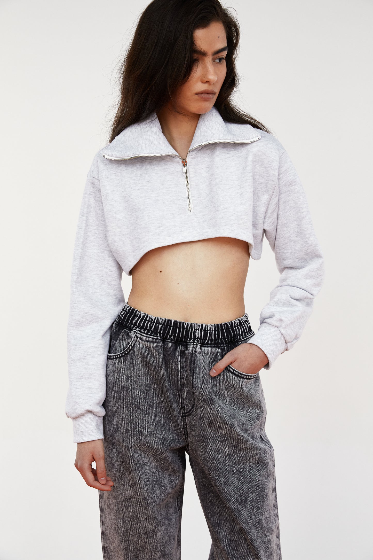 Cropped Zip Up Sweatshirt, Light Grey Melange