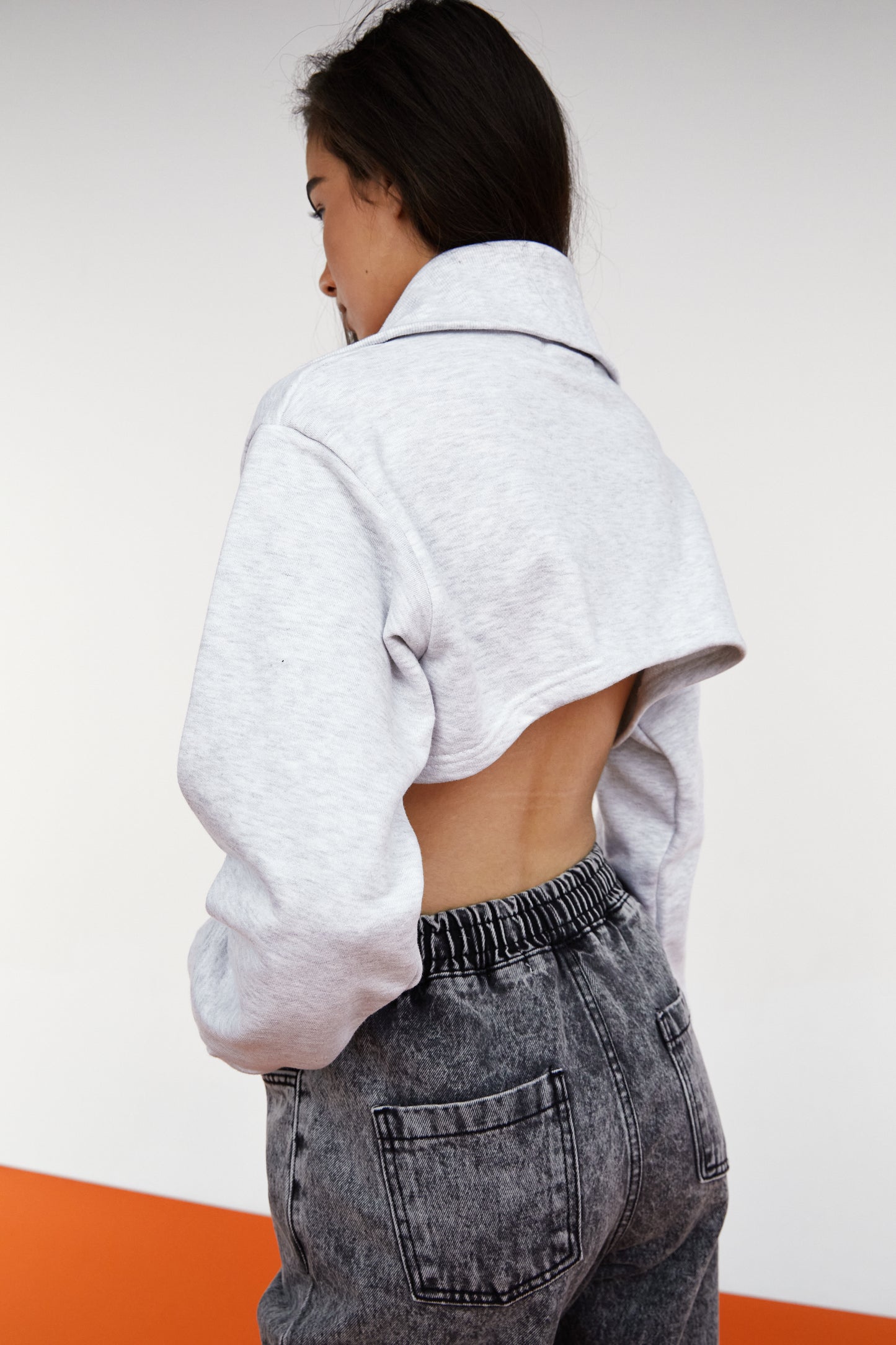 Cropped Zip Up Sweatshirt, Light Grey Melange