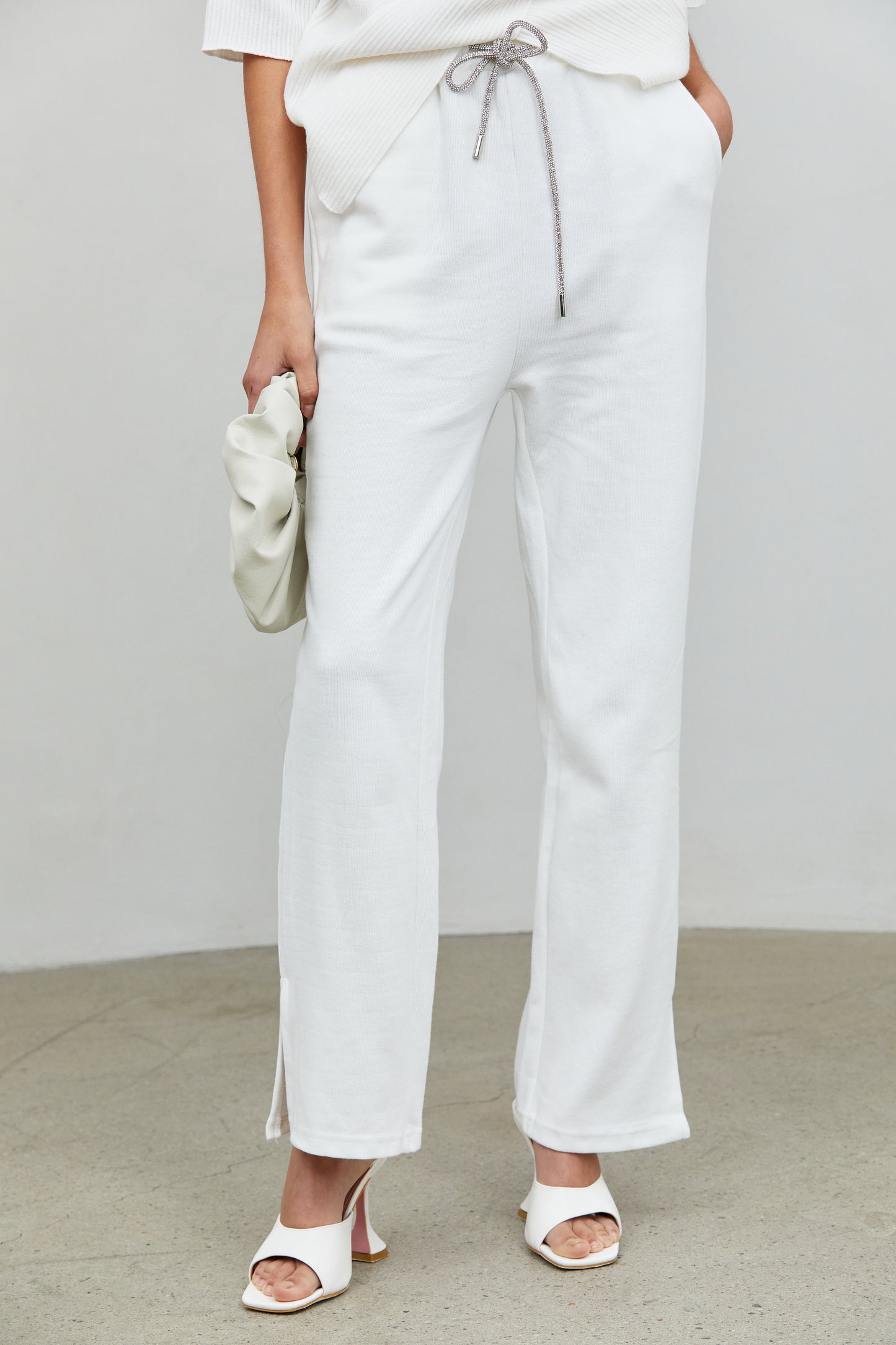 Rhinestone Drawstring Sweatpants, Off-White