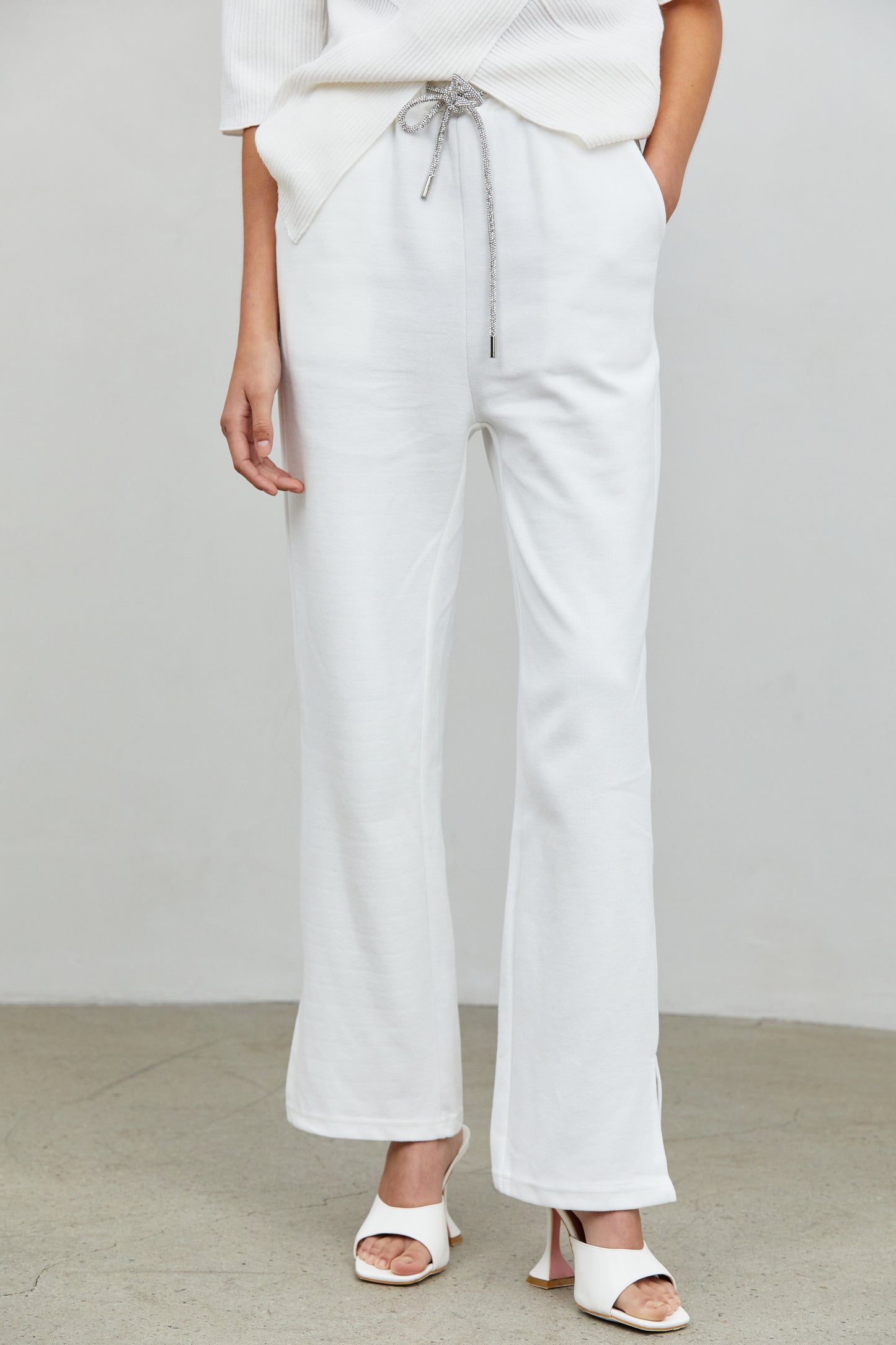 Rhinestone Drawstring Sweatpants, Off-White