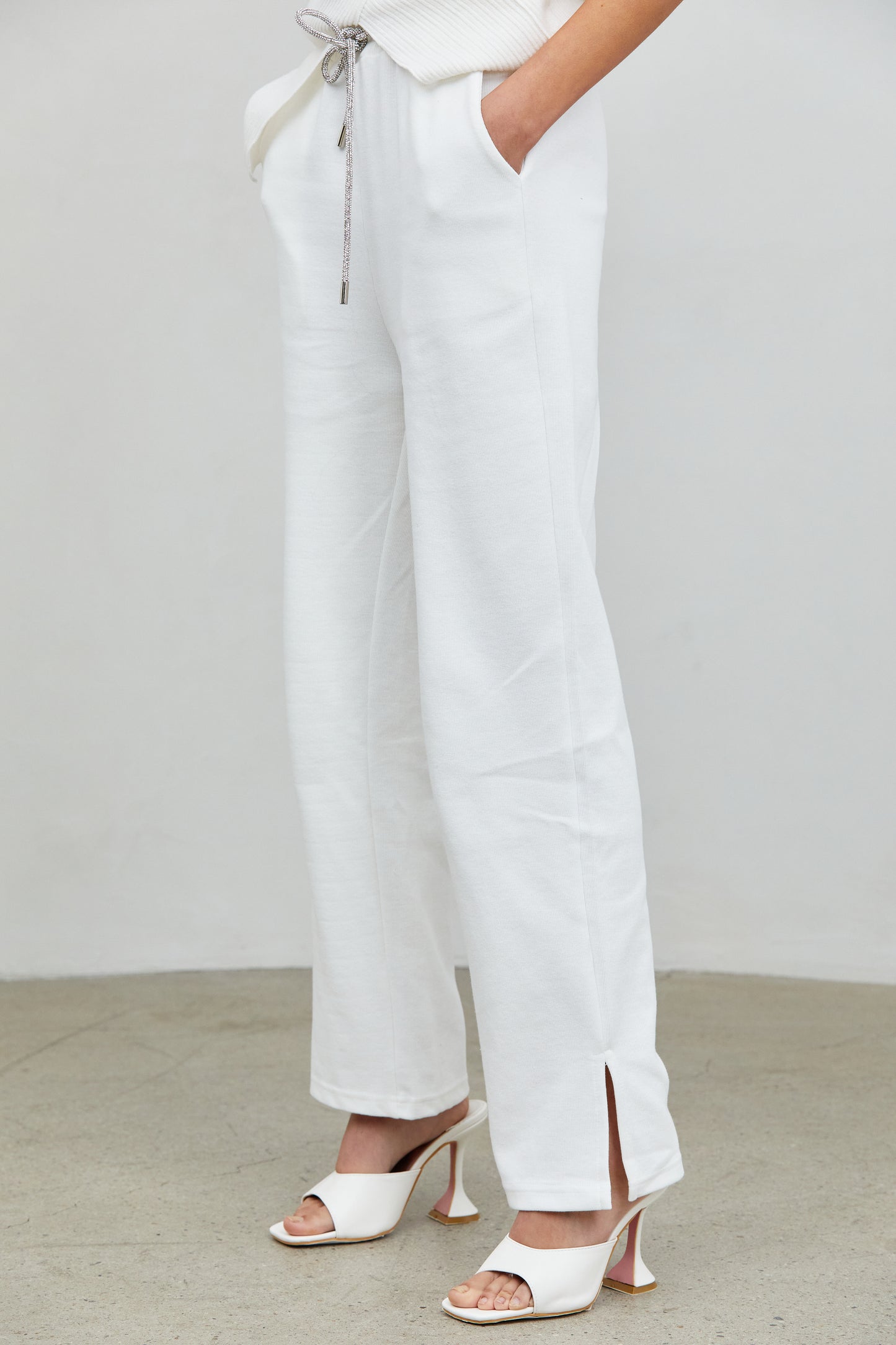 Rhinestone Drawstring Sweatpants, Off-White