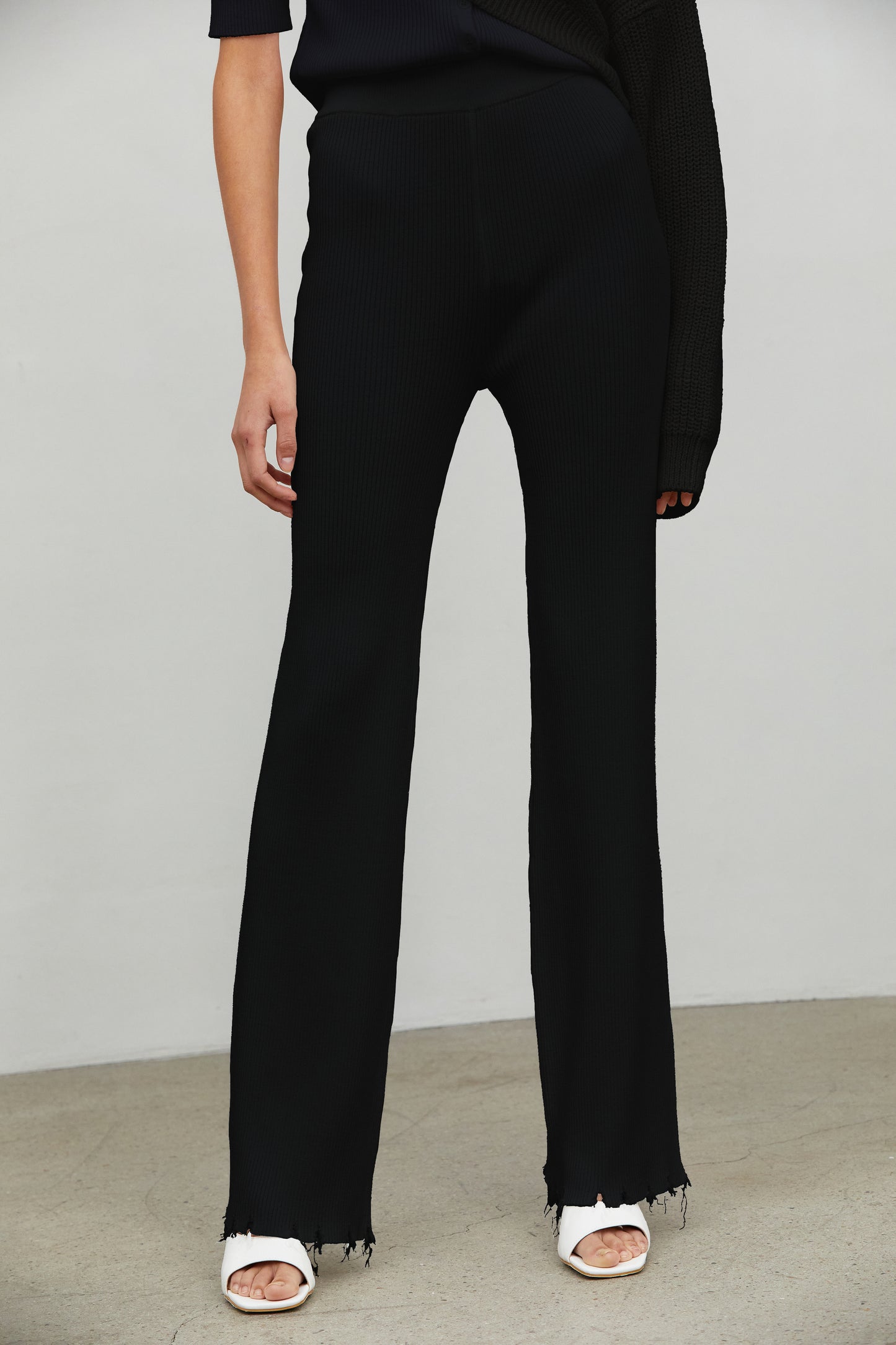 Full Length Frayed Hem Knit Pants, Midnight Black