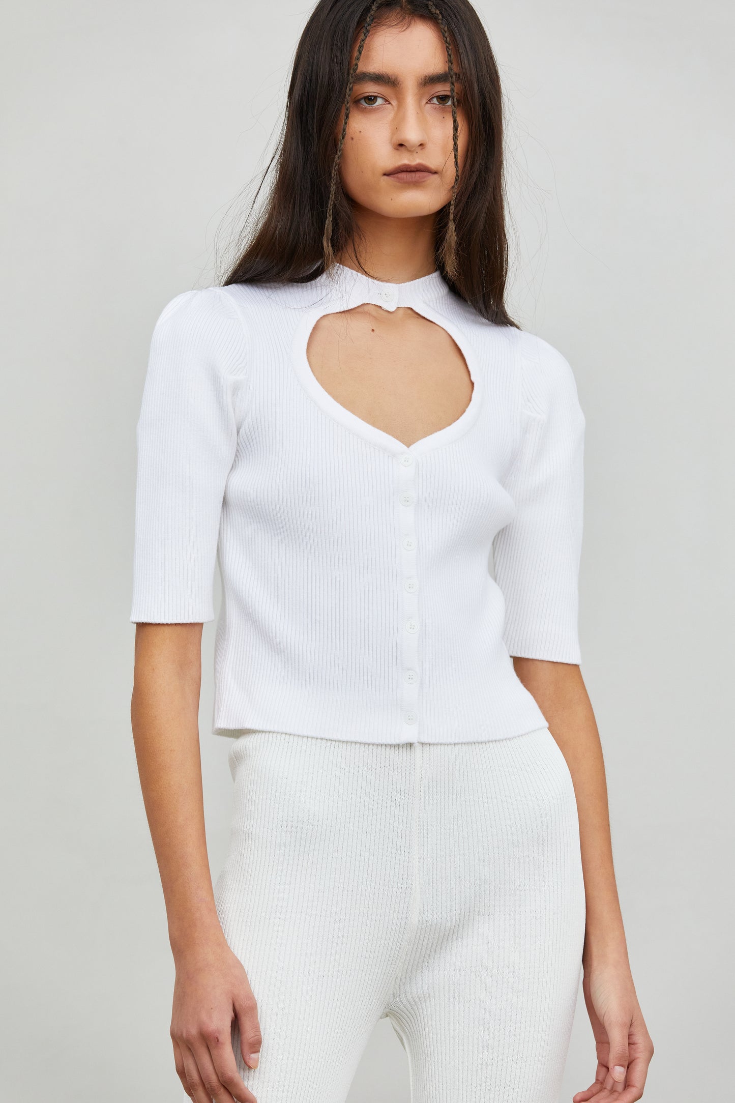 Sweetheart Cut-Out Knit Top, Off-White