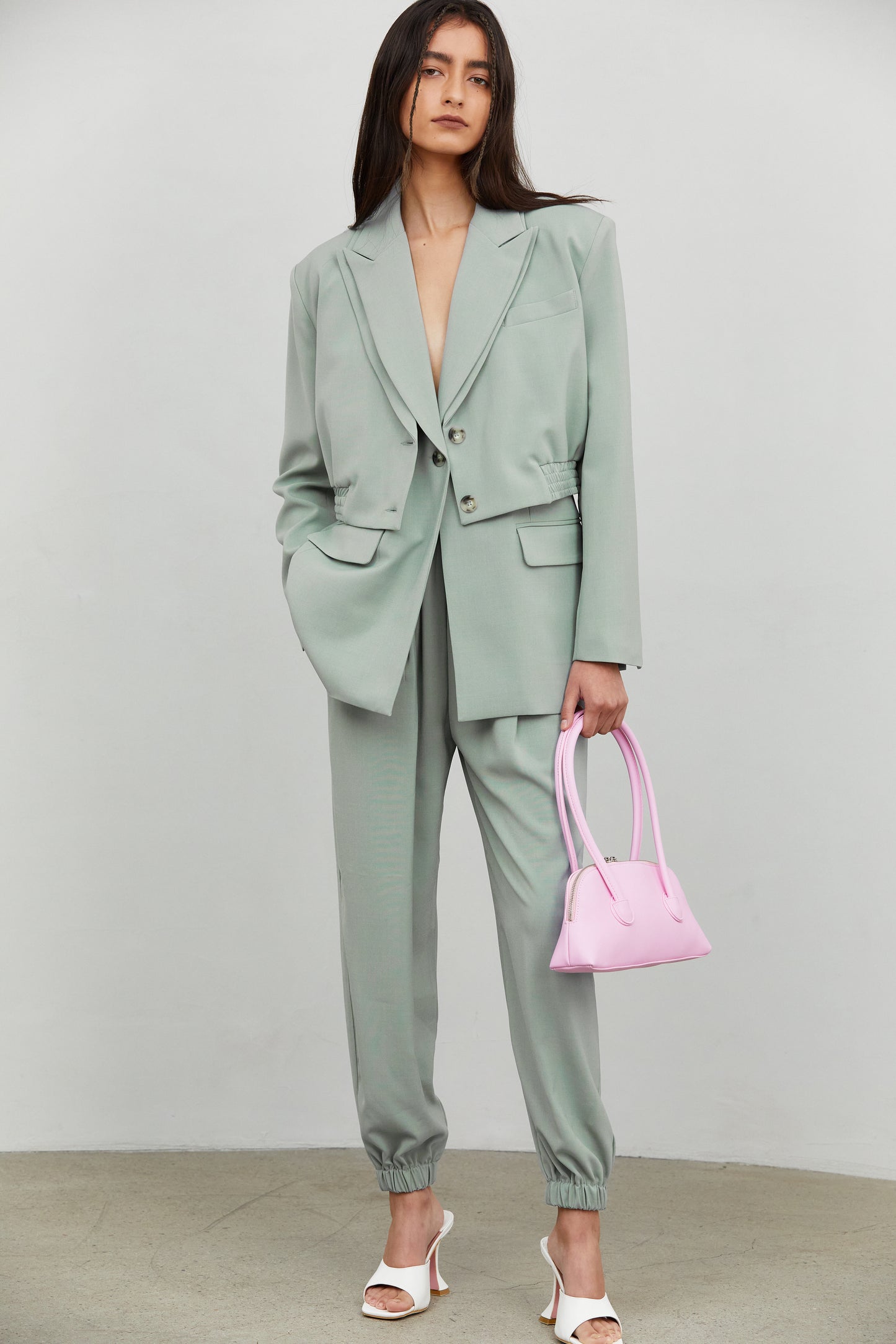 2 Layer Combo Boxy Vest And Blazer, Celadon