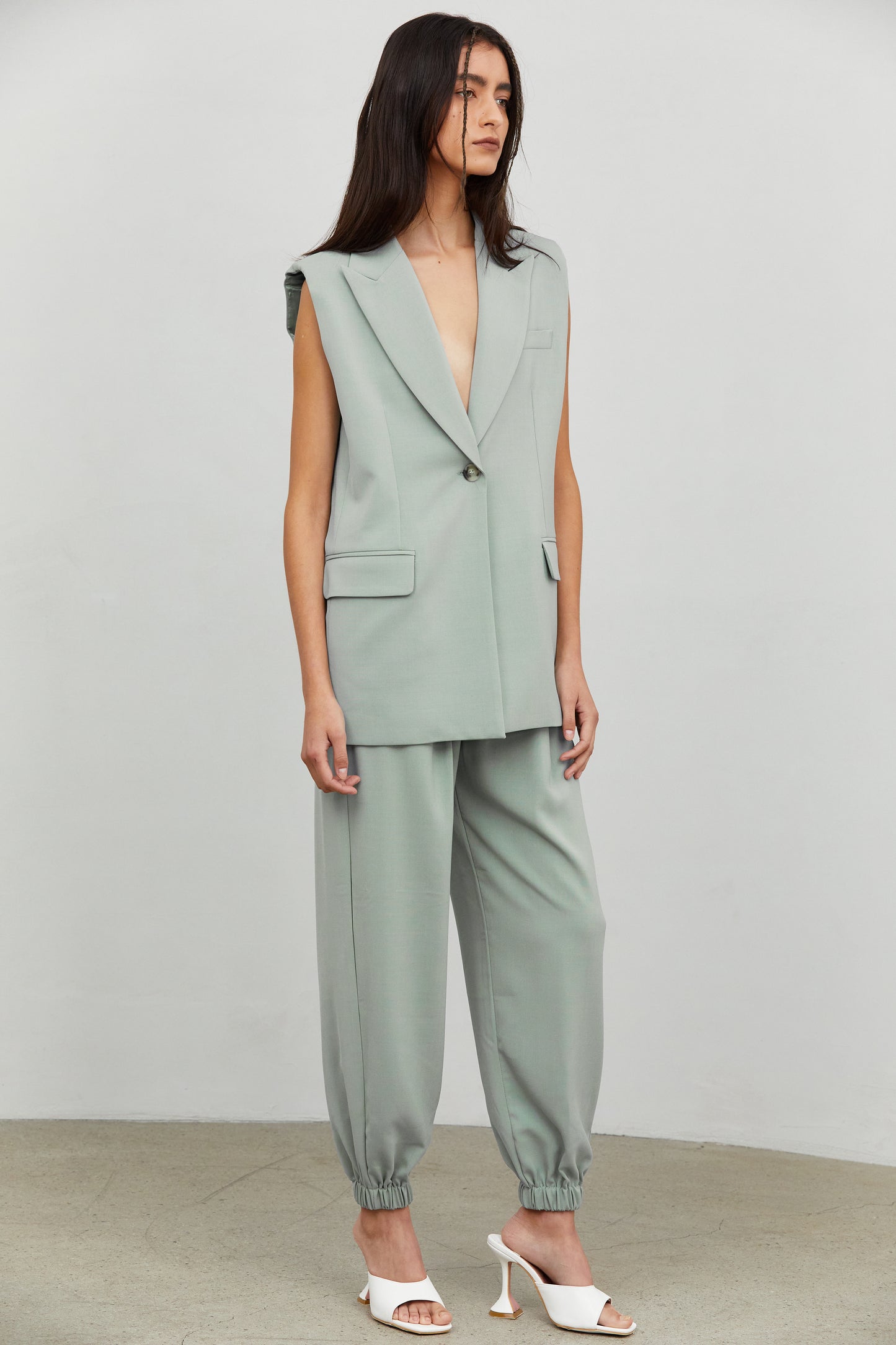 2 Layer Combo Boxy Vest And Blazer, Celadon